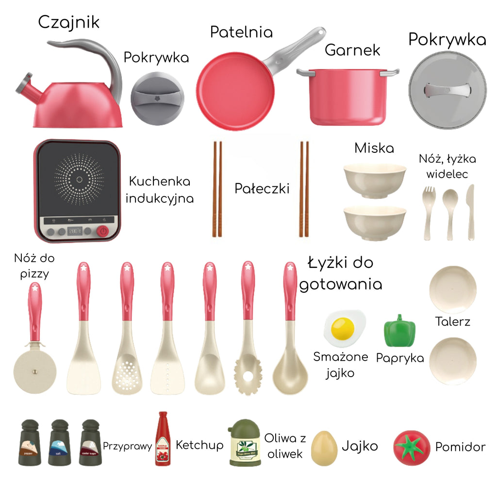 WOOPIE Zestaw Małego Kucharza Indukcja Garnki Patelnia Czajnik Różowy 30el.