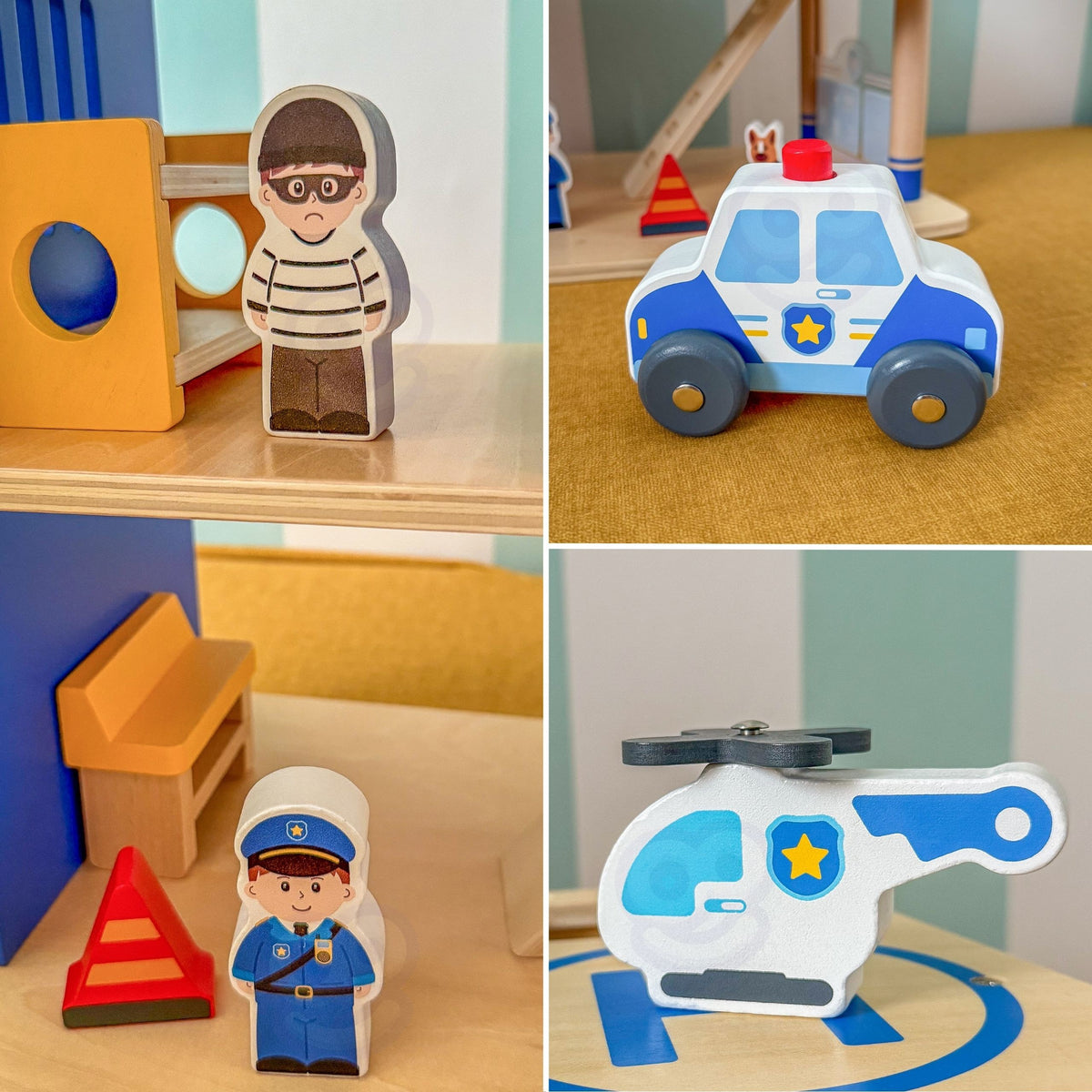 VIGA Drewniany Komisariat Policji Radiowóz Zestaw Domek 3 poziomy 14 el