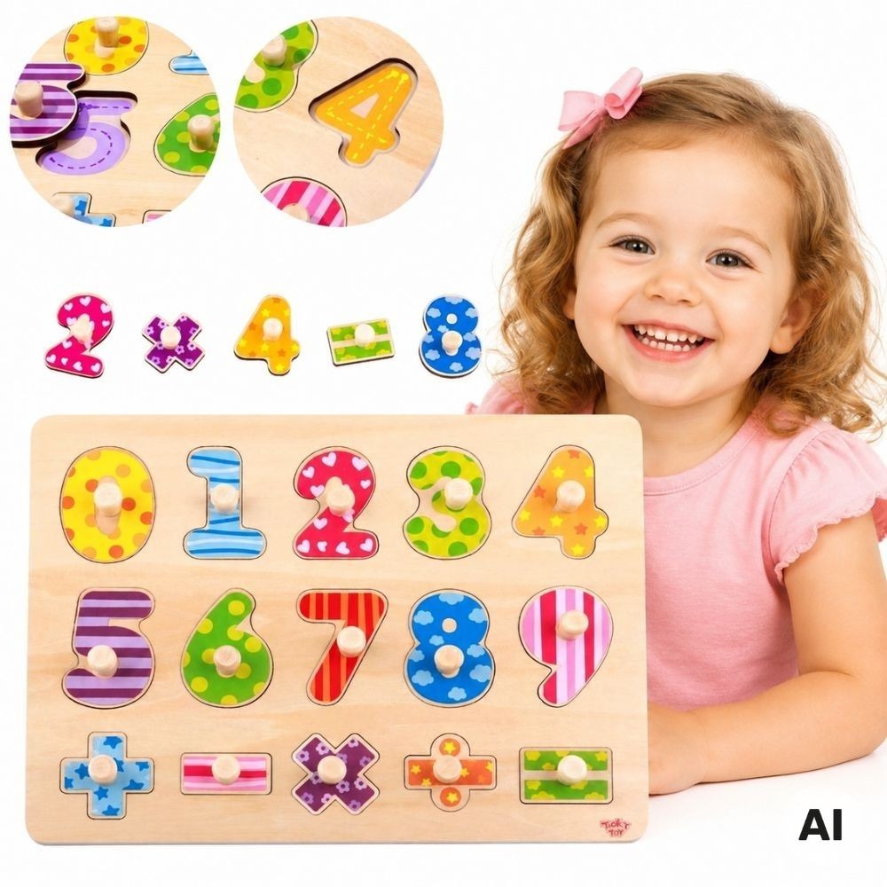 TOOKY TOY Drewniane Puzzle Nauka Liczenia Układanka Z Pinezkami Cyferki