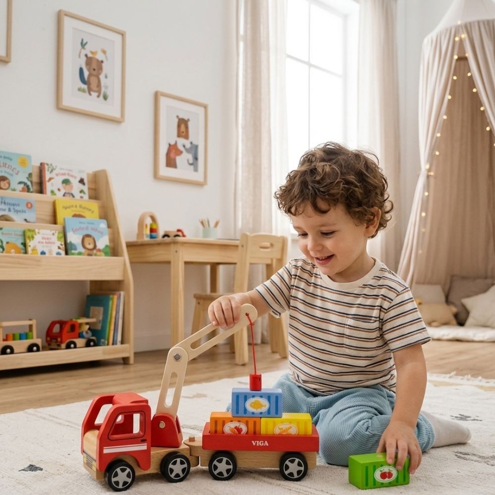 VIGA Drewniany Dźwig Samochód Ciężarówka z Kontenerami Magnes Montessori 18 m+