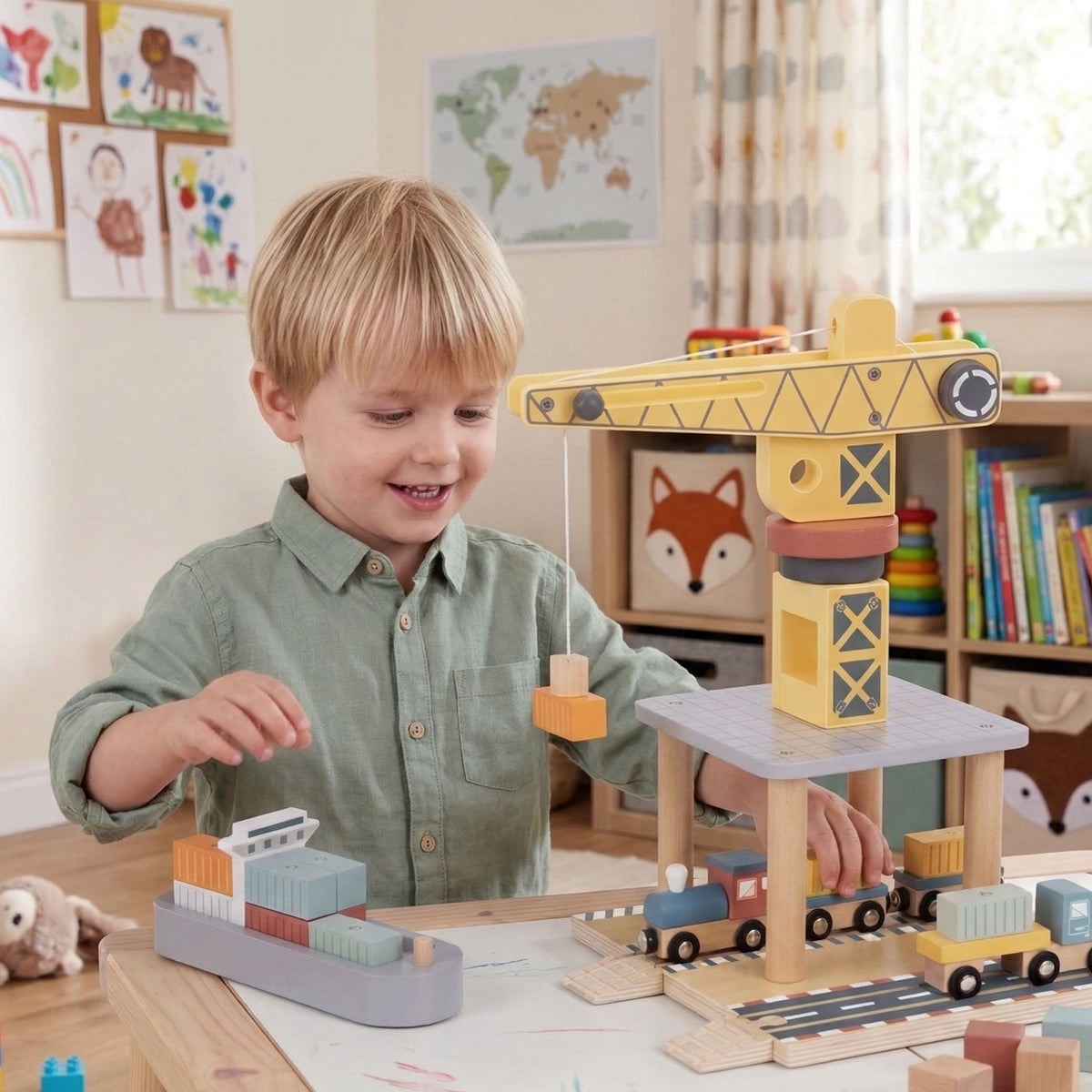 TOOKY TOY Dźwig Portowy Drewniany Zestaw