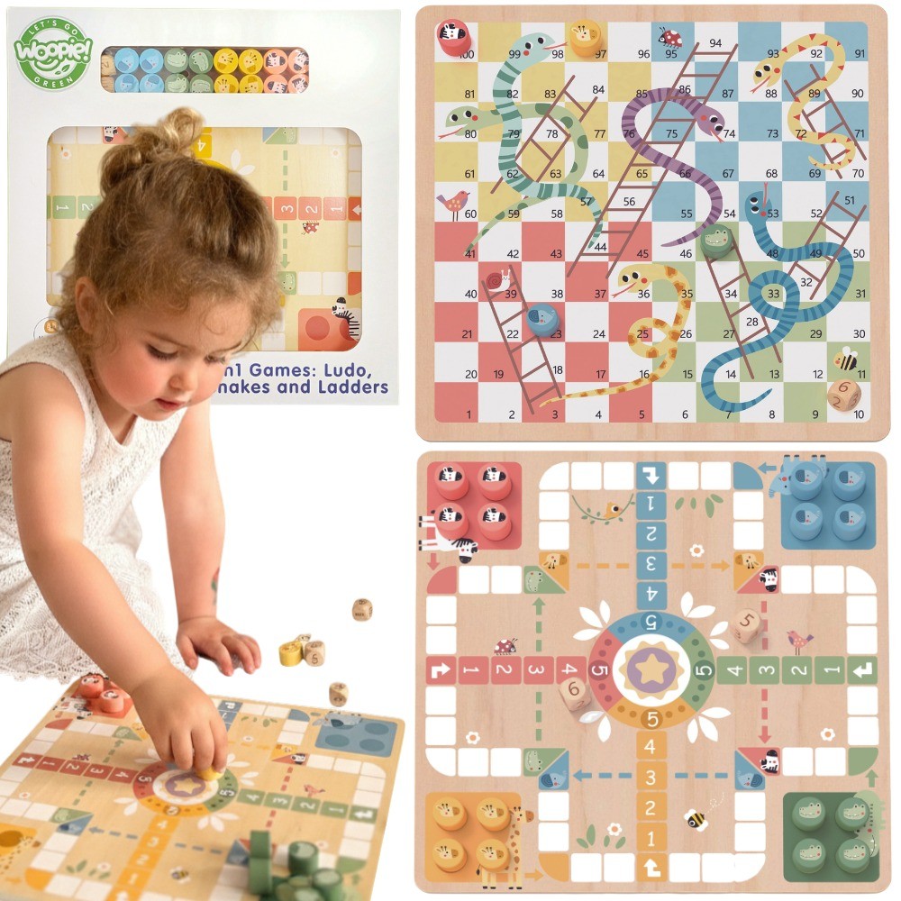 WOOPIE GREEN Gry Planszowe Logiczne 2w1 Ludo Chińczyk + Węże i Drabiny