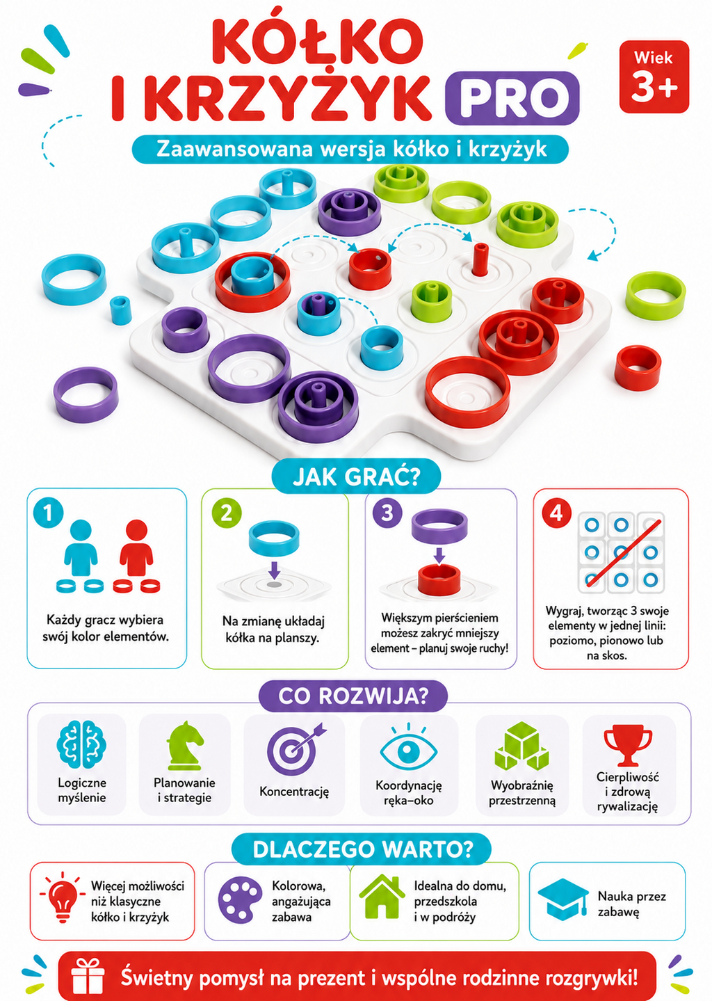 WOOPIE IQ Gra Logiczna Strategiczna Trening Mózgu Kółko i Krzyżyk 36 el.