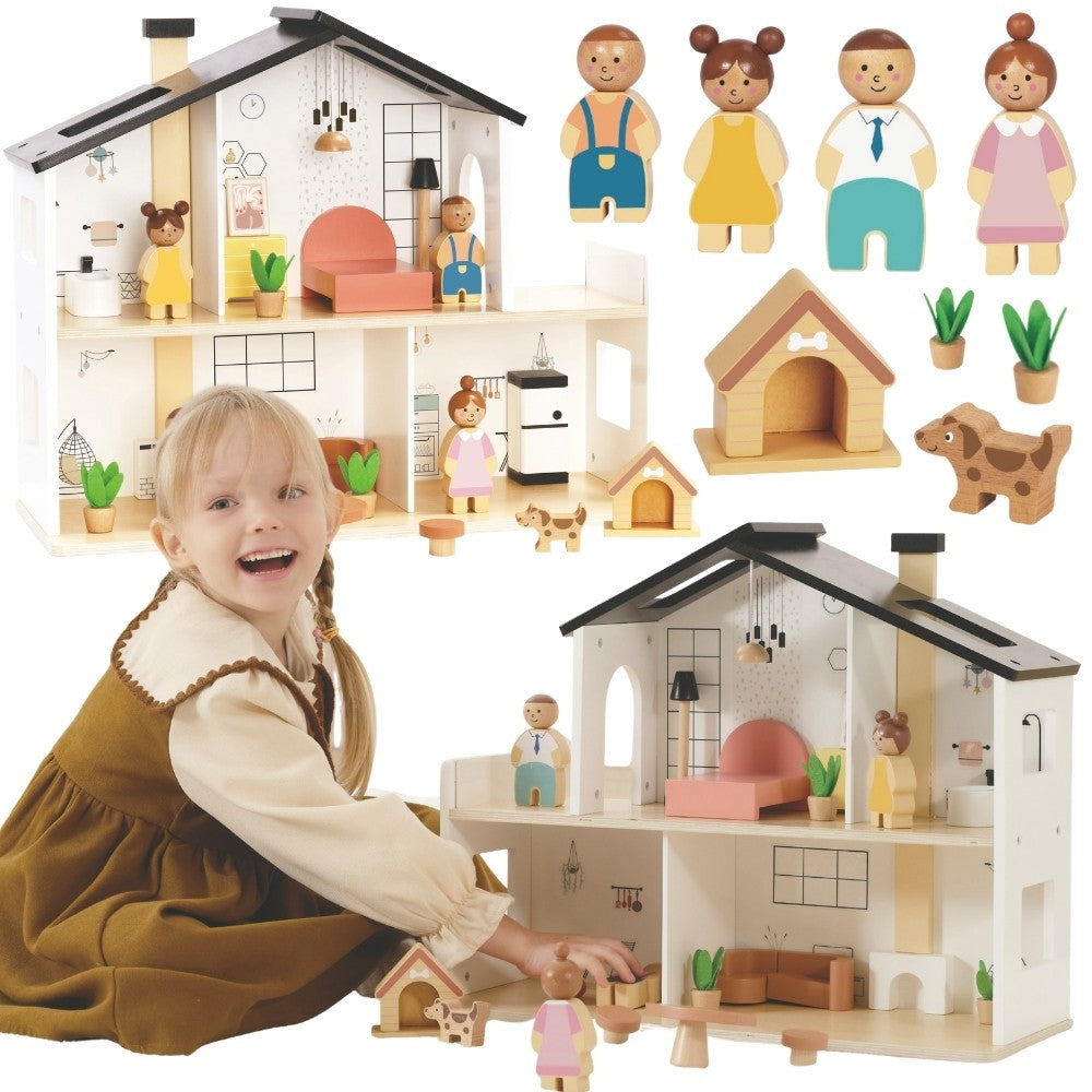 TOOKY TOY Drewniany Domek dla Lalek z Akcesoriami i Rodzinką 20 el.