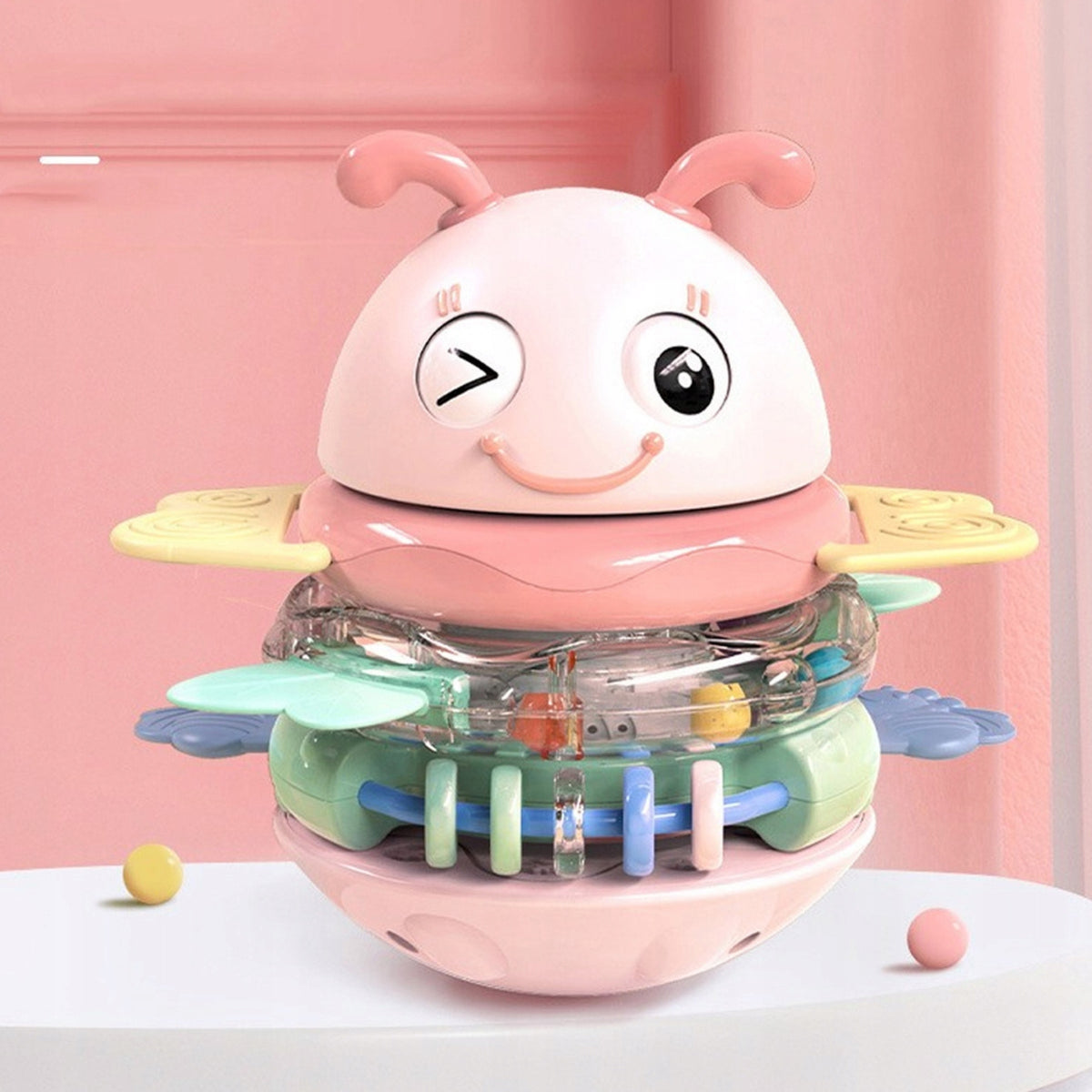WOOPIE Baby Wańka Wstańka Zabawka Sensoryczna 2w1 Grzechotka Gryzak Różowa