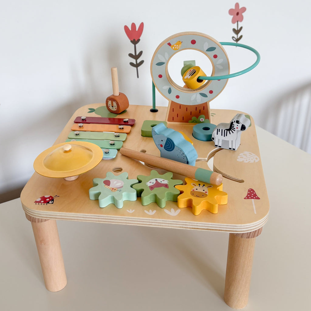 WOOPIE GREEN Drewniany Stolik Edukacyjny Muzyczny Labirynt Sensoryczny 5W1