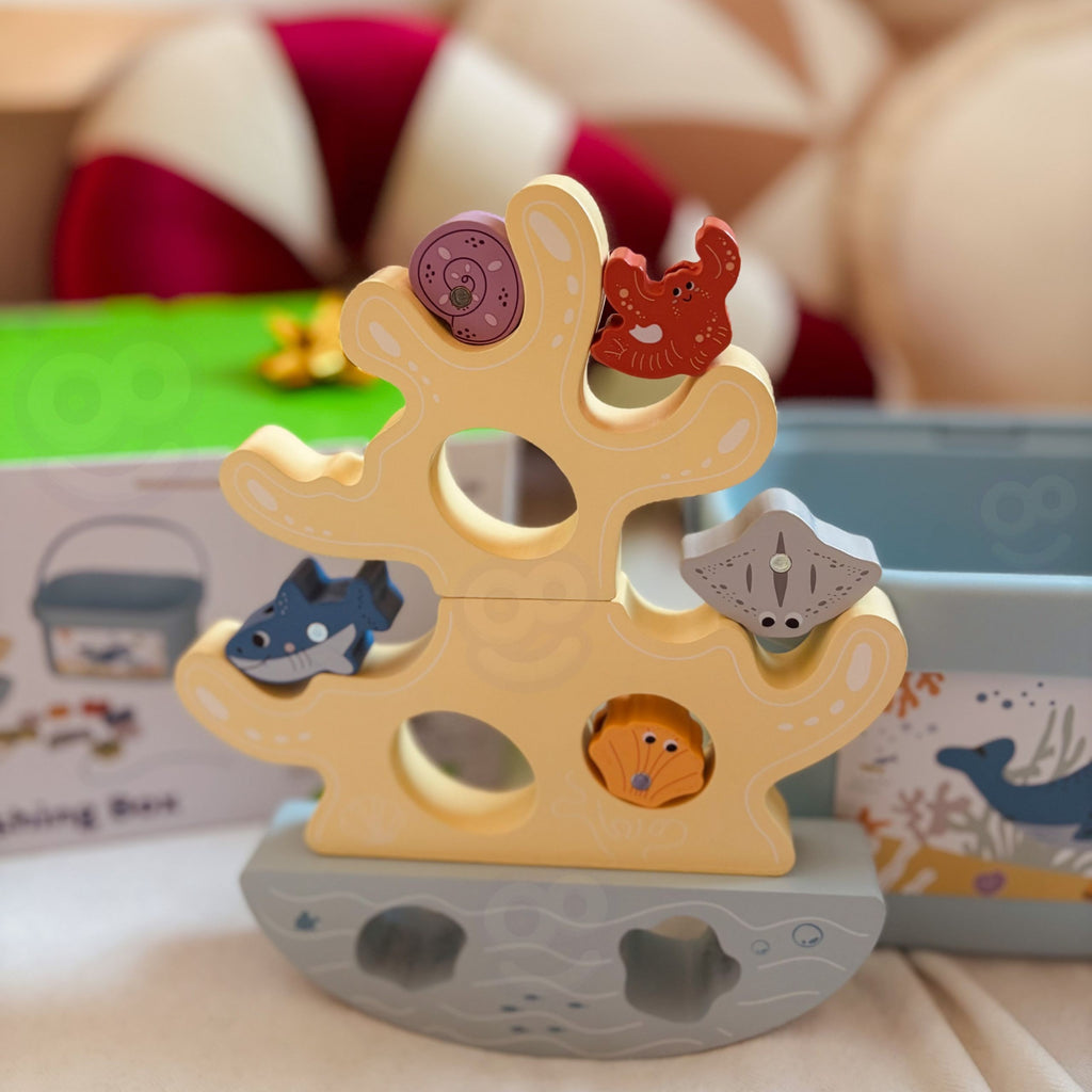 TOOKY TOY Drewniany Zestaw Morskich Zabawek Wieża Balansująca Łowienie Ryb Figurki 23 Elementy