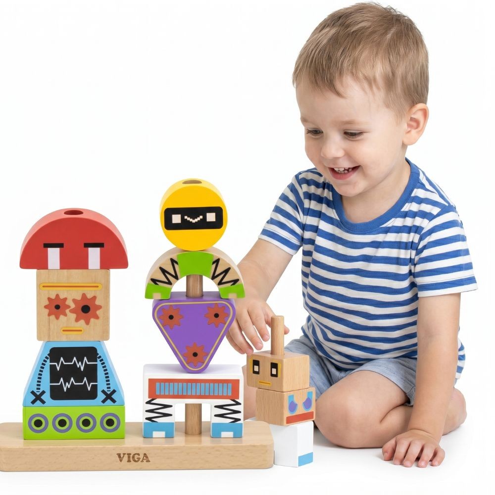 VIGA Drewniana Układanka Montessori Roboty Piramidka Klocki Edukacyjne 8el