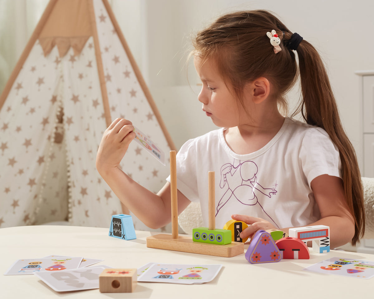 VIGA Drewniana Układanka Montessori Roboty Piramidka Klocki Edukacyjne 8el