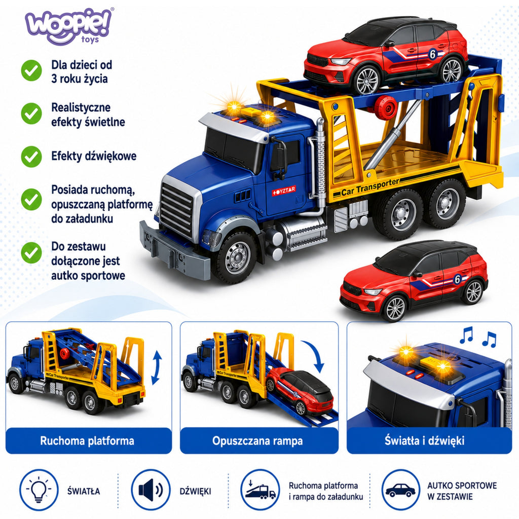 WOOPIE Laweta Ciężarówka Transporter Z Autkiem Światło Dźwięk Skala 1:14