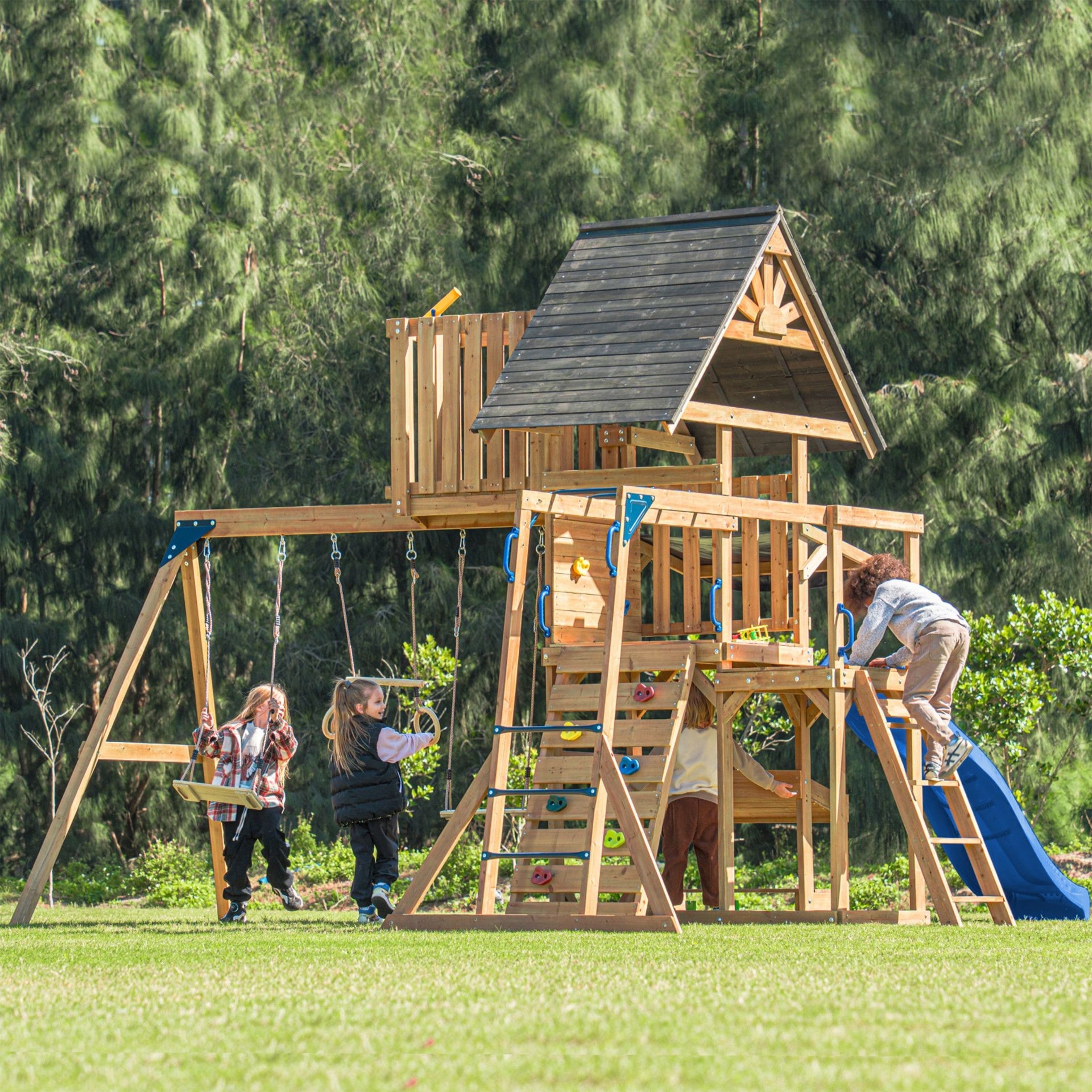 AXI Mitch play tower - Duży Plac Zabaw Drewniany Zjeżdżalnia Hustawki Ścianka Wspinaczkowa + Wieża