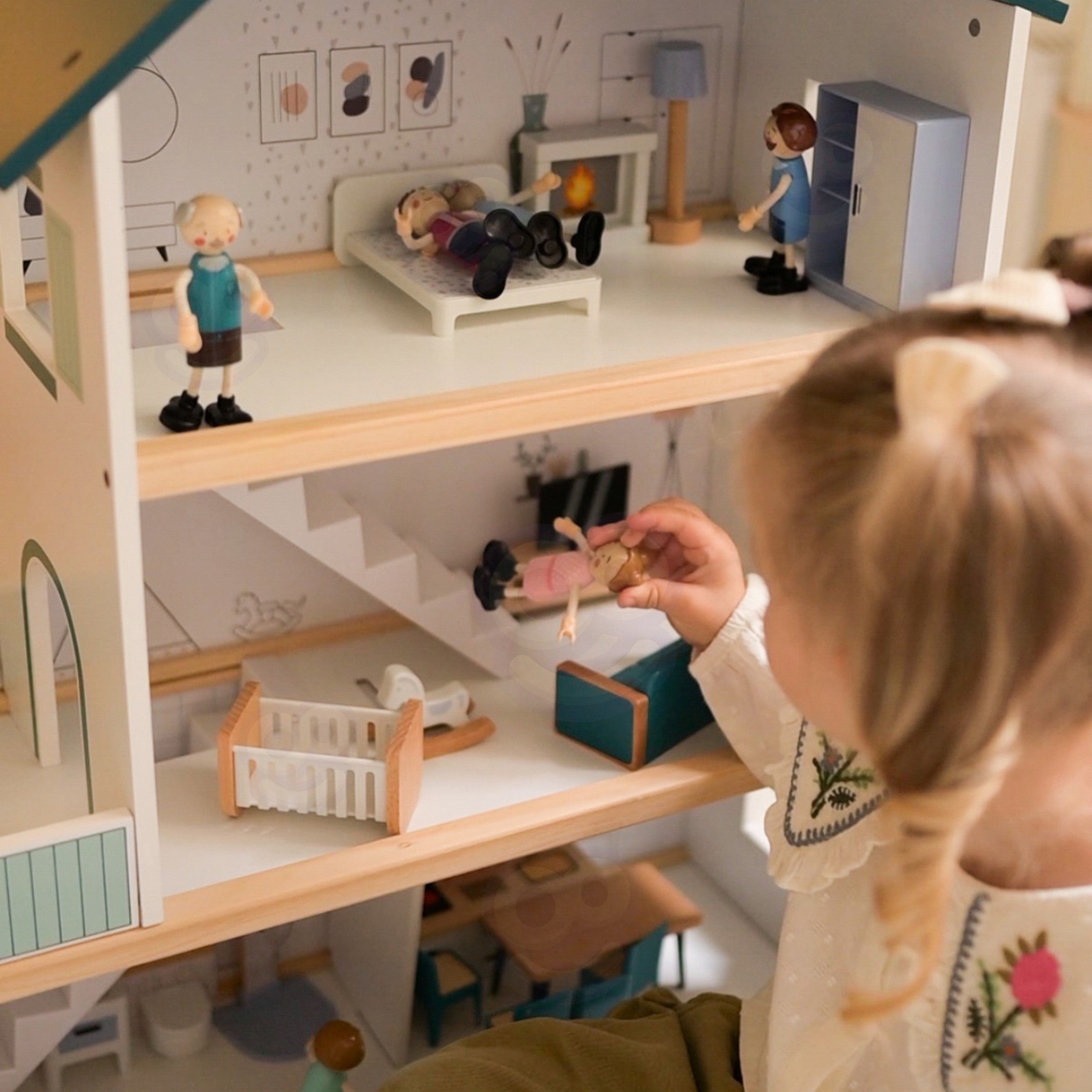 TOOKY TOY Duży Drewniany Domek dla Lalek + Figurki FSC