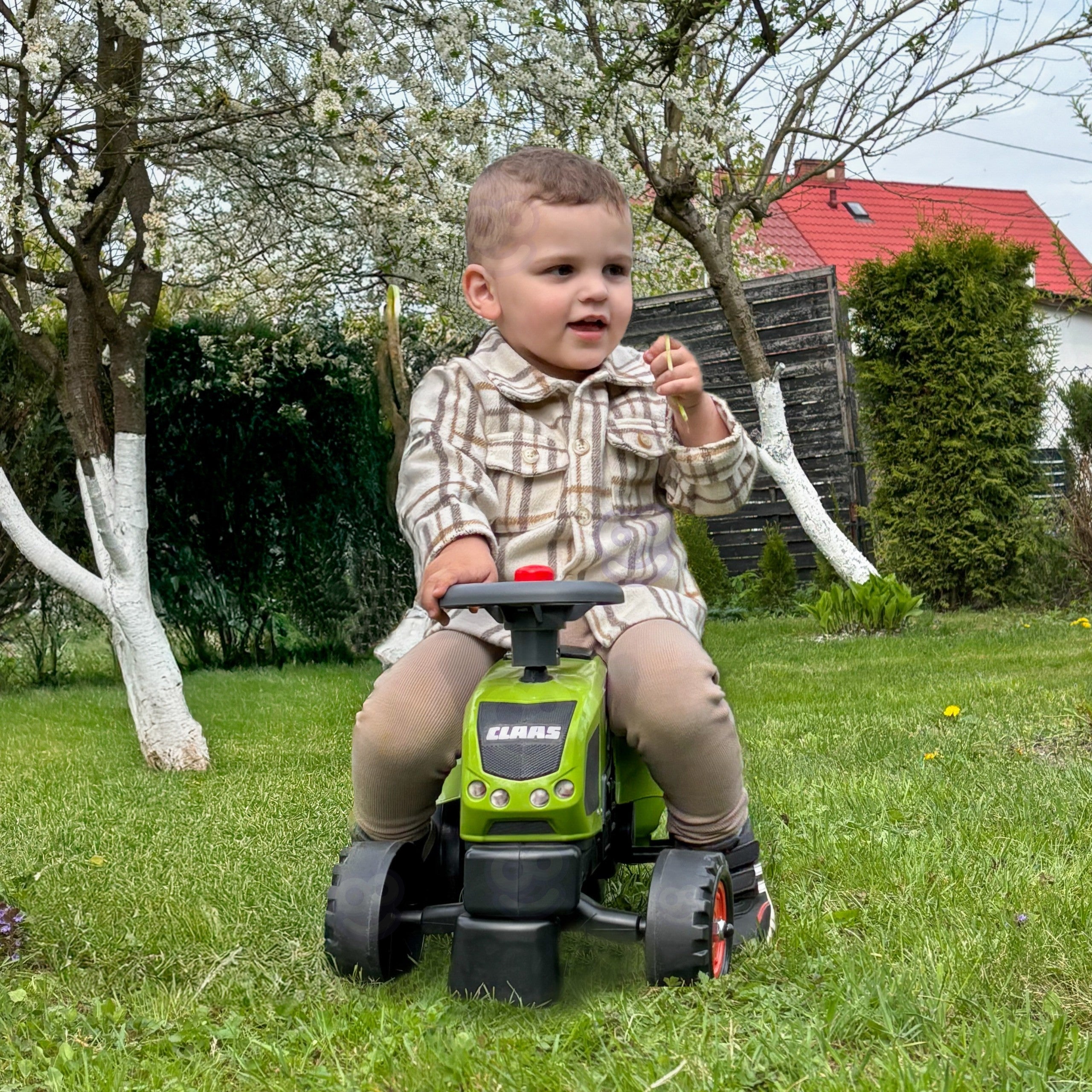 FALK Traktorek Baby Claas Axos 310 Zielony z Przyczepką od 1 roku