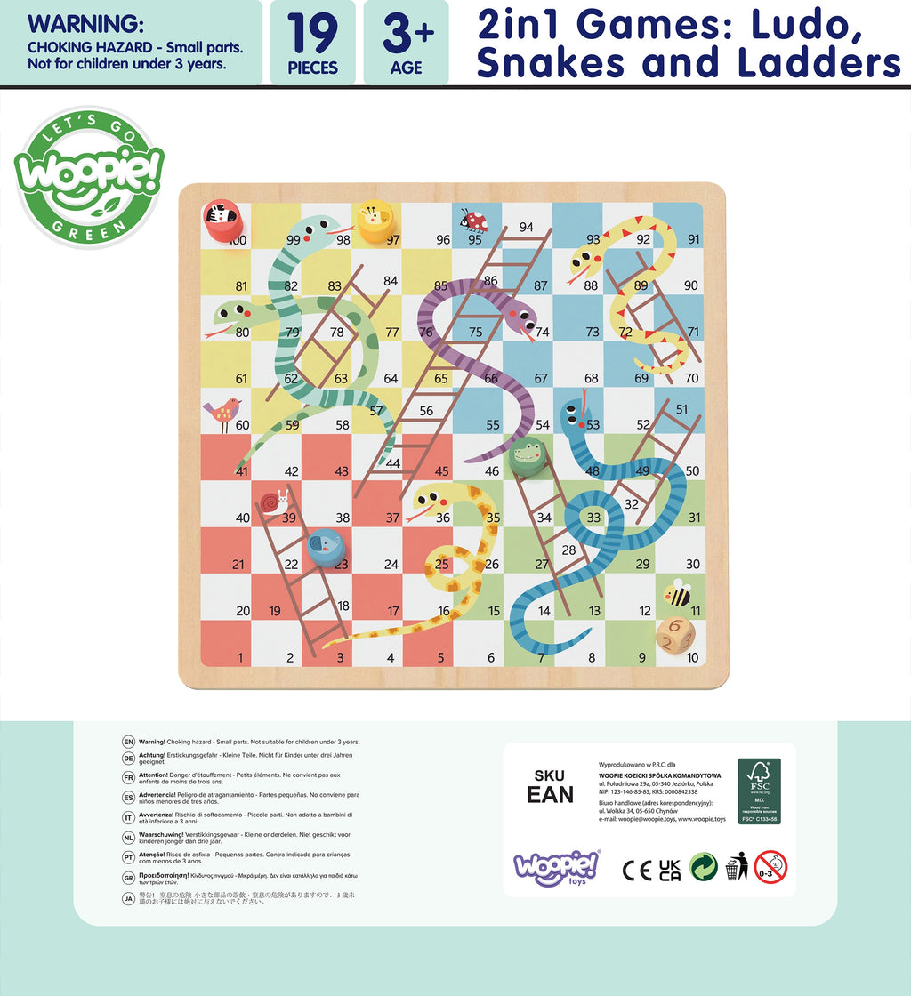 WOOPIE GREEN Gry Planszowe Logiczne 2w1 Ludo Chińczyk + Węże i Drabiny