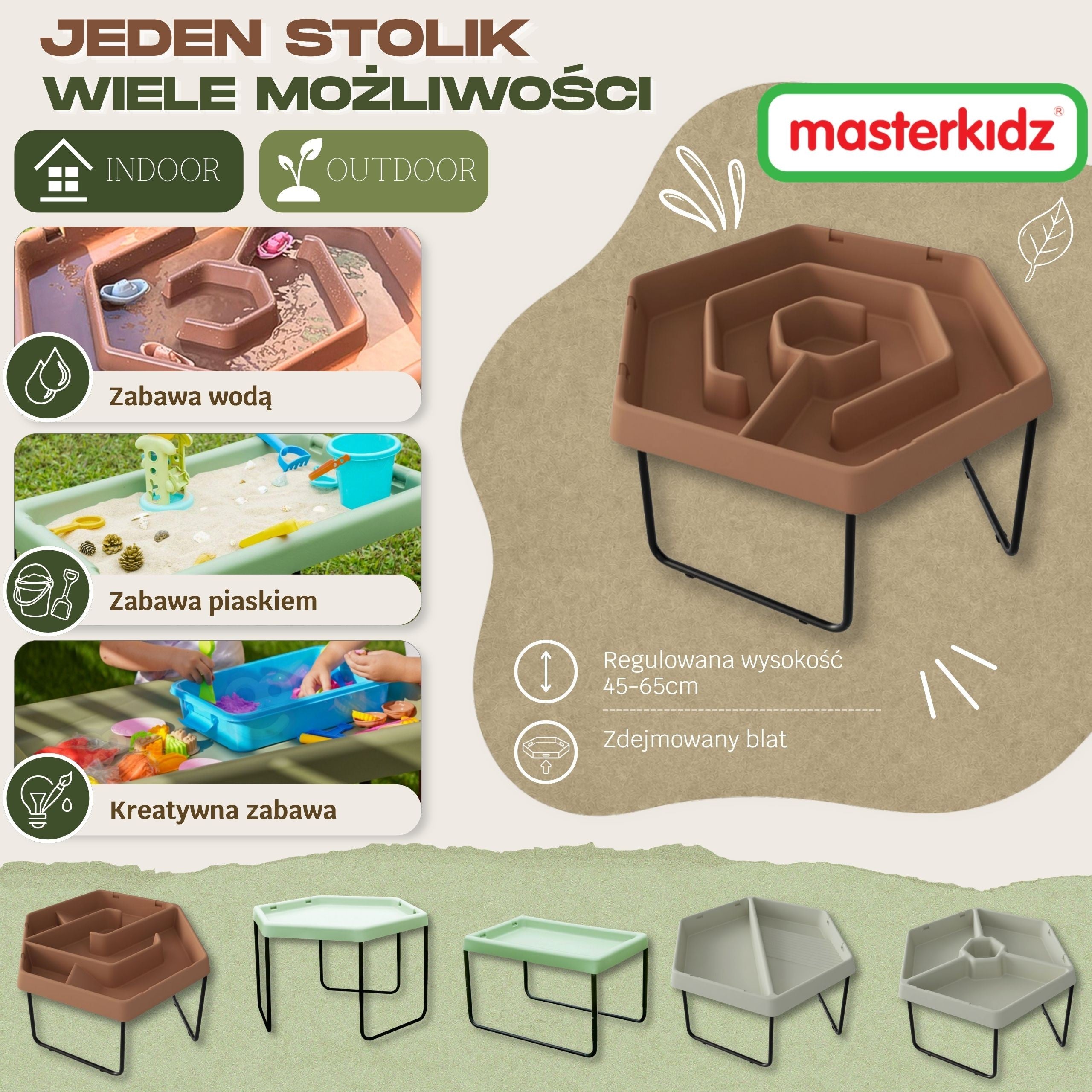 MASTERKIDZ Sześciokątny Stolik Sensoryczny Do Zabawy Piaskiem i Wodą Labirynt Regulowana Wysokość