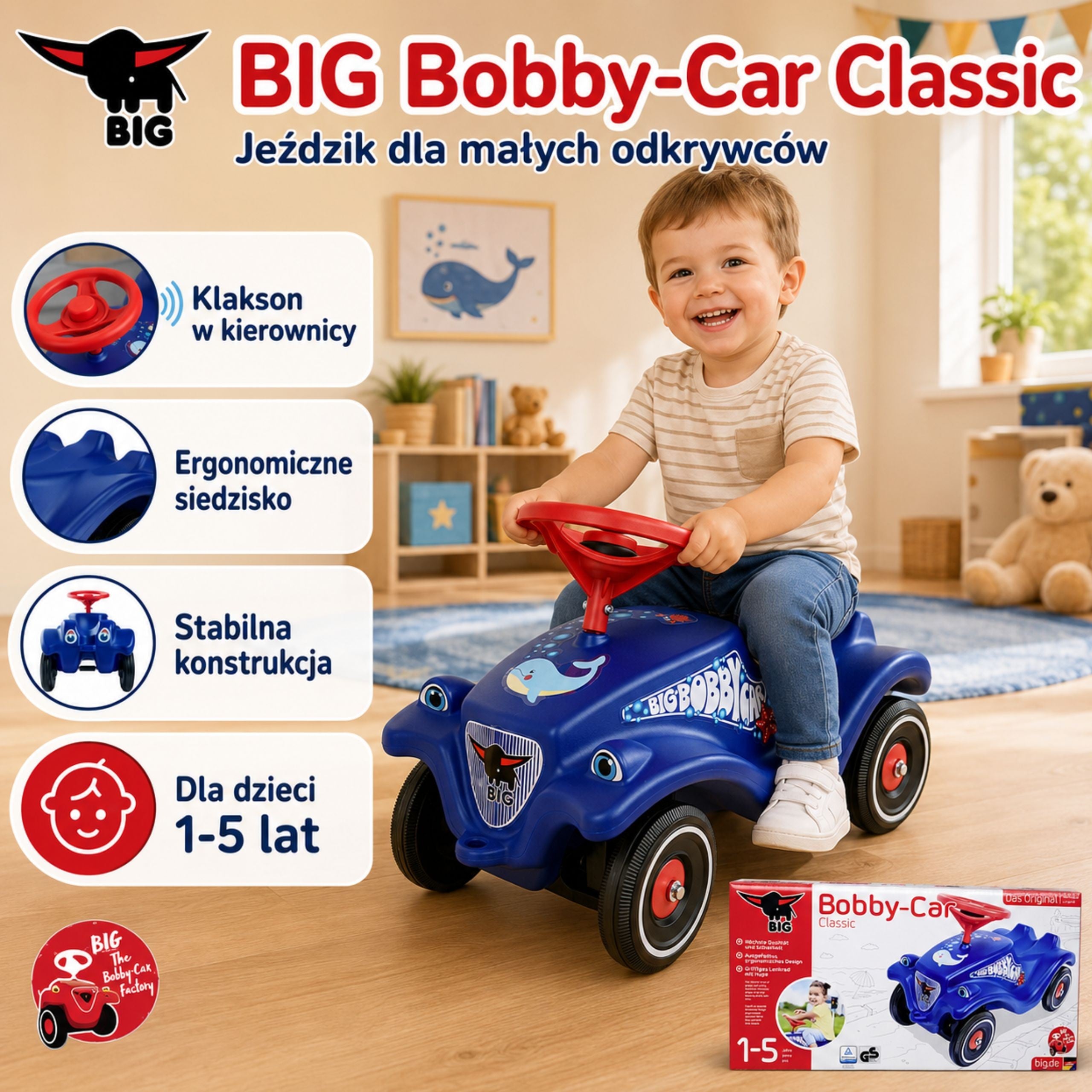 BIG Klasyczny Jeździk Bobby Car z Rysunkiem Delfinka