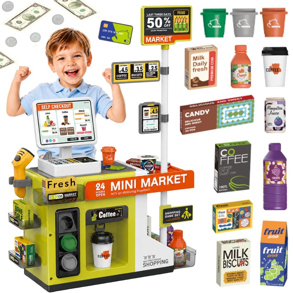 WOOPIE Kasa Sklepowa Samoobsługowa Mini Market Ekspres Akcesoria