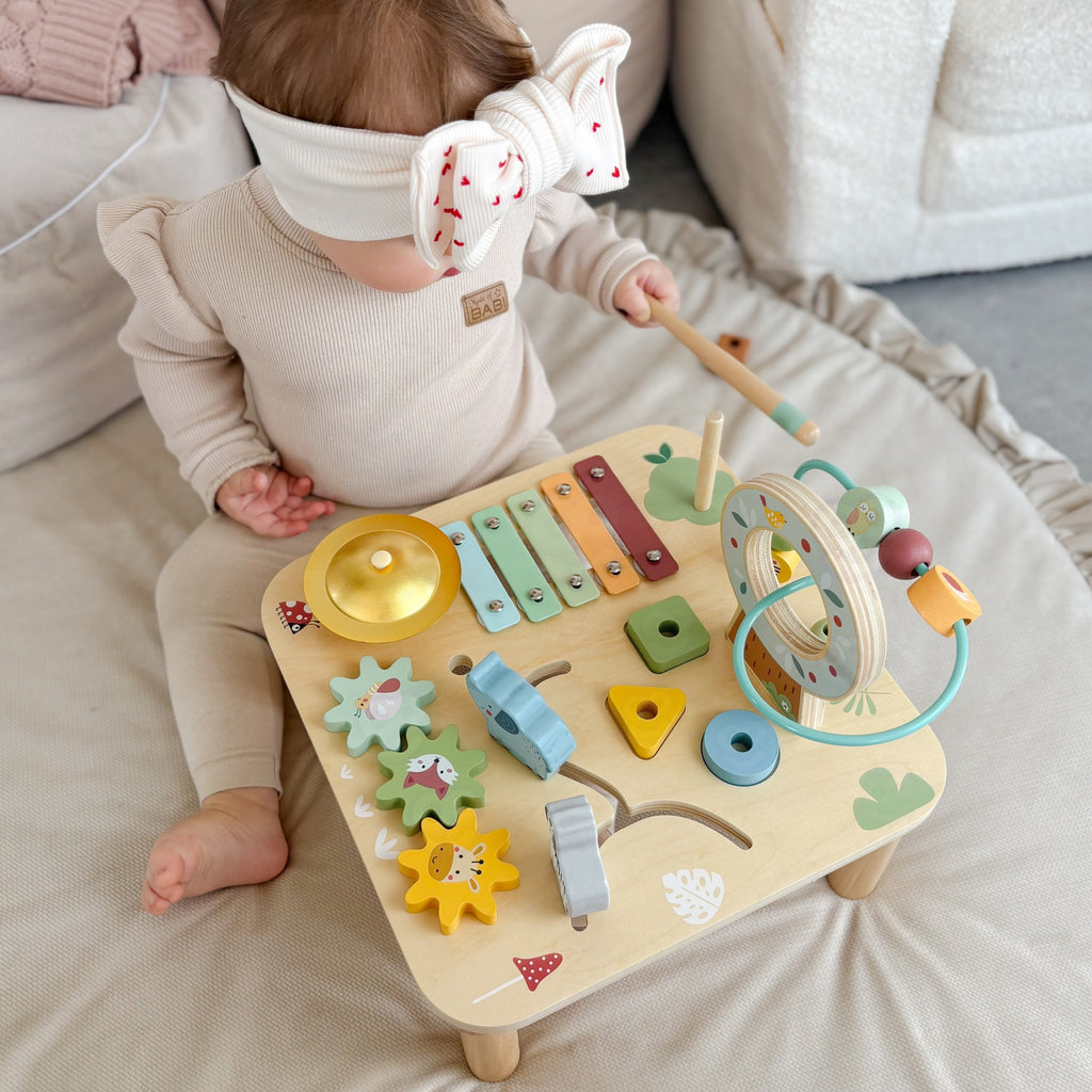 WOOPIE GREEN Drewniany Stolik Edukacyjny Muzyczny Labirynt Sensoryczny 5W1
