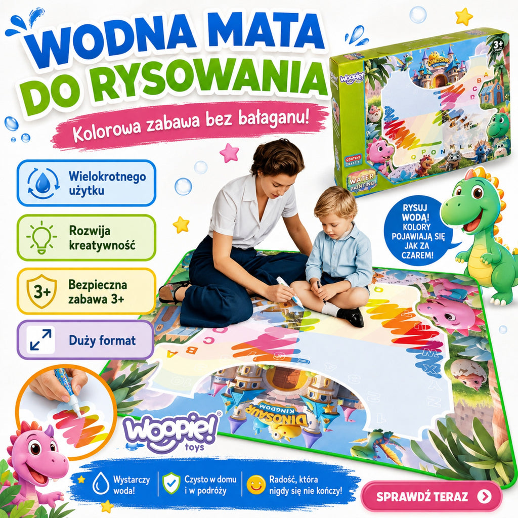 WOOPIE Mata Wodna do Malowania dla Dzieci z Dinozaurami + Akcesoria