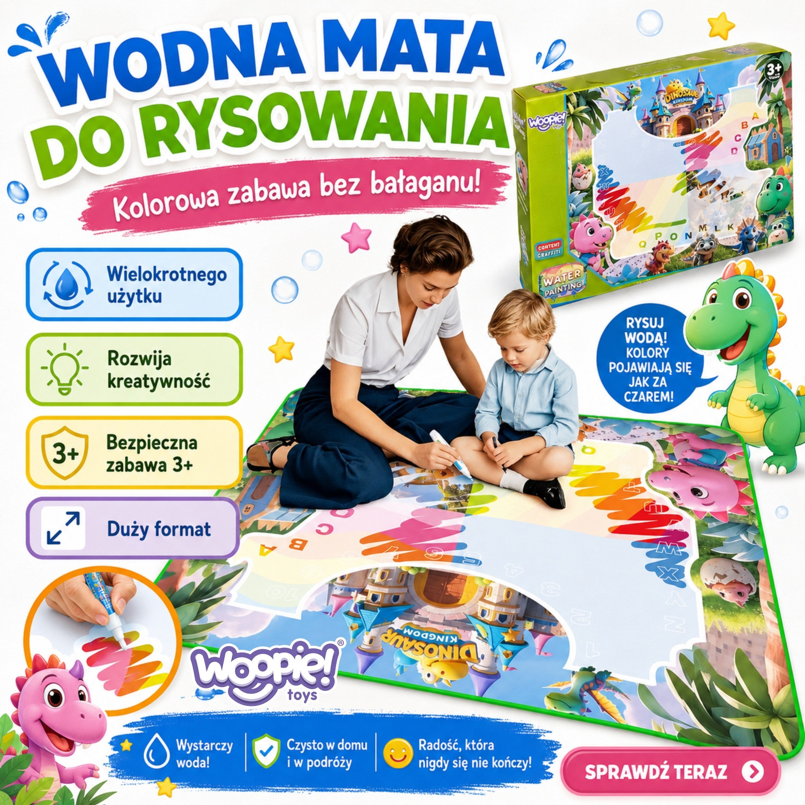 WOOPIE Mata Wodna do Malowania dla Dzieci z Dinozaurami + Akcesoria