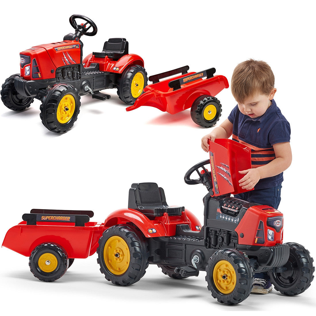 FALK Traktor na Pedały Supercharger z Przyczepą i Otwieraną Maską Czerwony 2-5 lat
