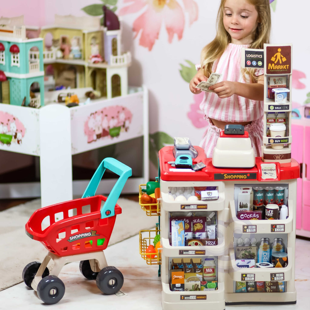 WOOPIE Sklep Supermarket z Wózkiem Sklepowym Waga Kasa Skaner + 48 Akc.