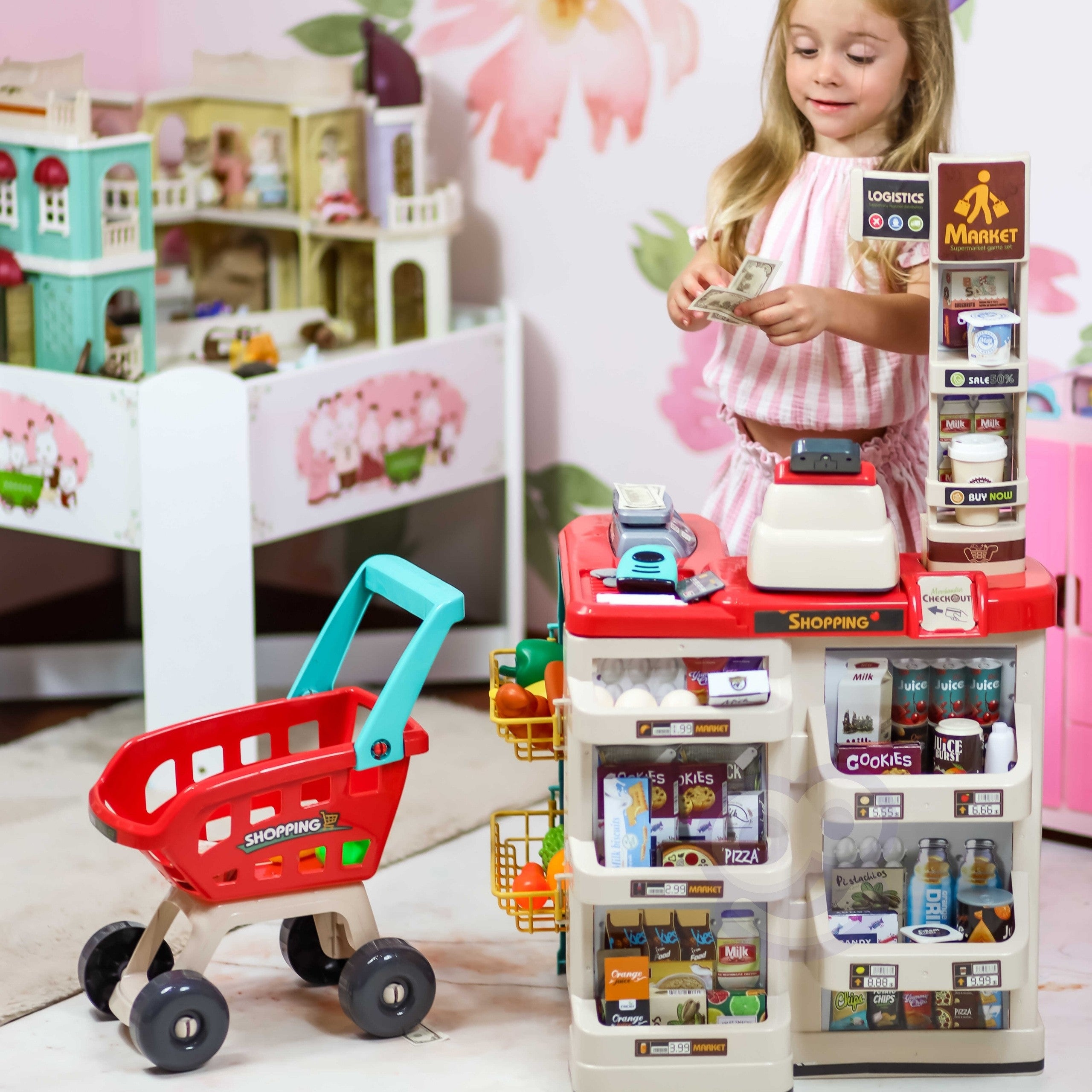 WOOPIE Sklep Supermarket z Wózkiem Sklepowym Waga Kasa Skaner + 48 Akc.