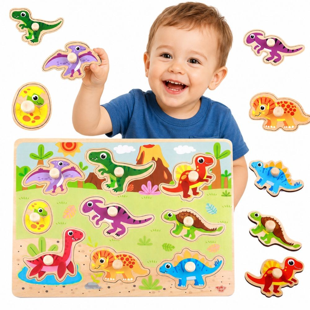 TOOKY TOY Drewniane Puzzle Montessori Układanka Dinozaury Kształty
