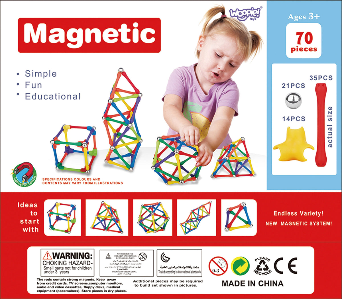 WOOPIE Klocki Magnetyczne Konstrukcyjne Układanka Kreatywna 70 el.