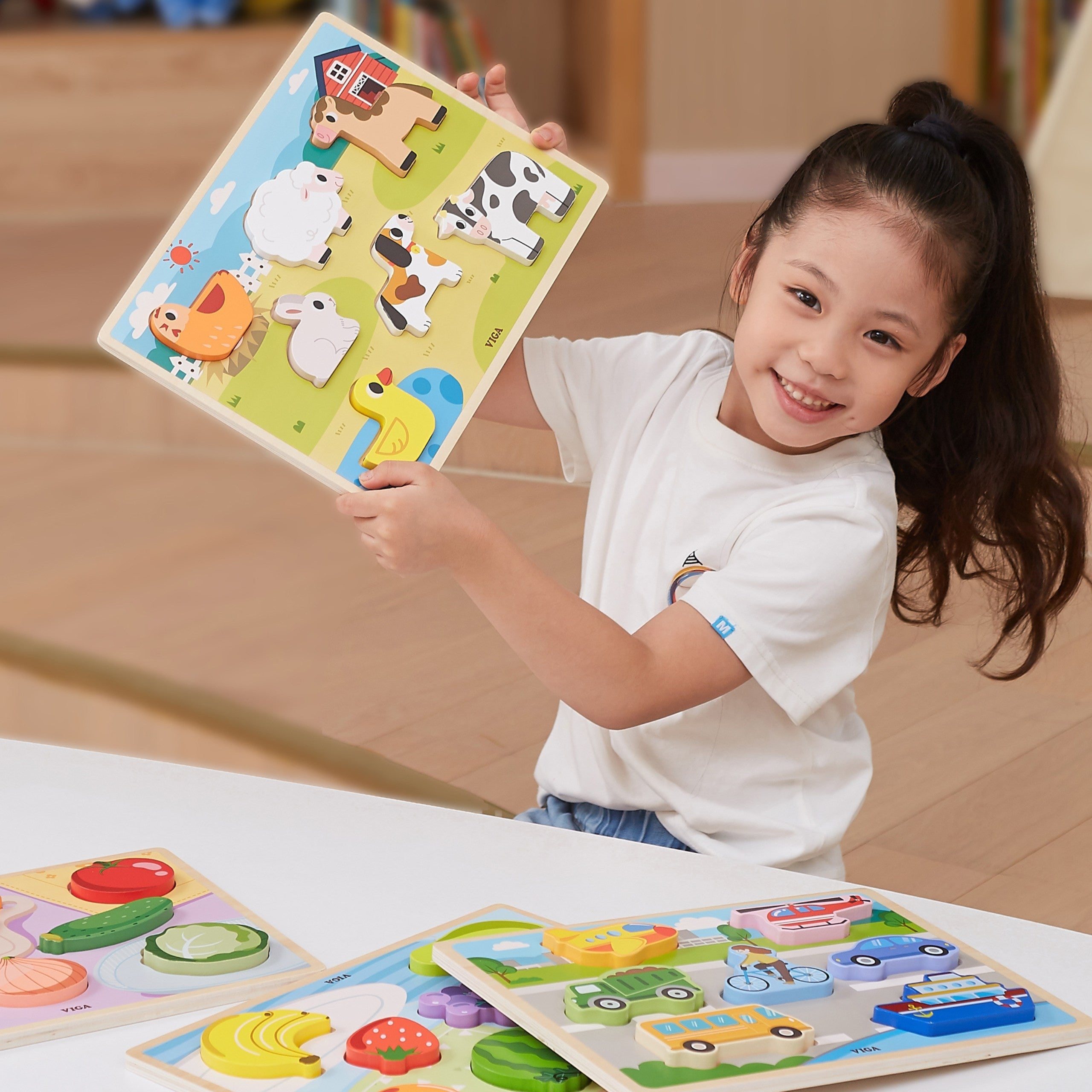 VIGA Drewniane Puzzle Układanka Montessori 2w1 Figurki Farma