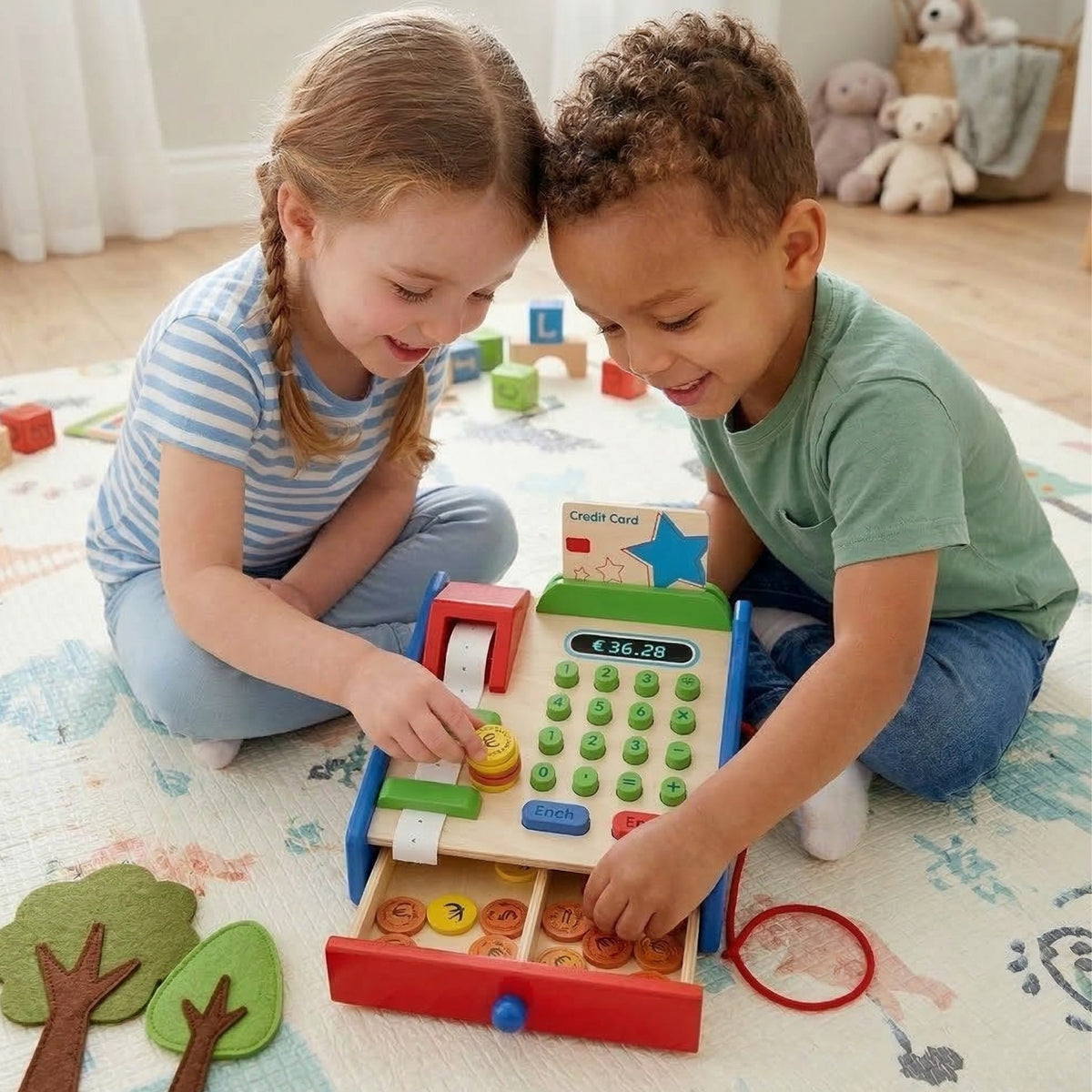 VIGA Drewniana Kasa sklepowa z akcesoriami Skaner Montessori