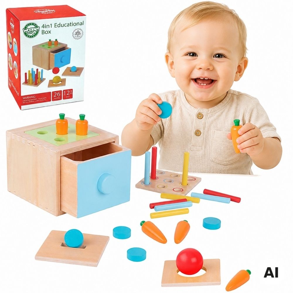 WOOPIE GREEN Drewniana Szuflada Edukacyjna 4w1 Sorter Montessori Gra w Marchewki FSC