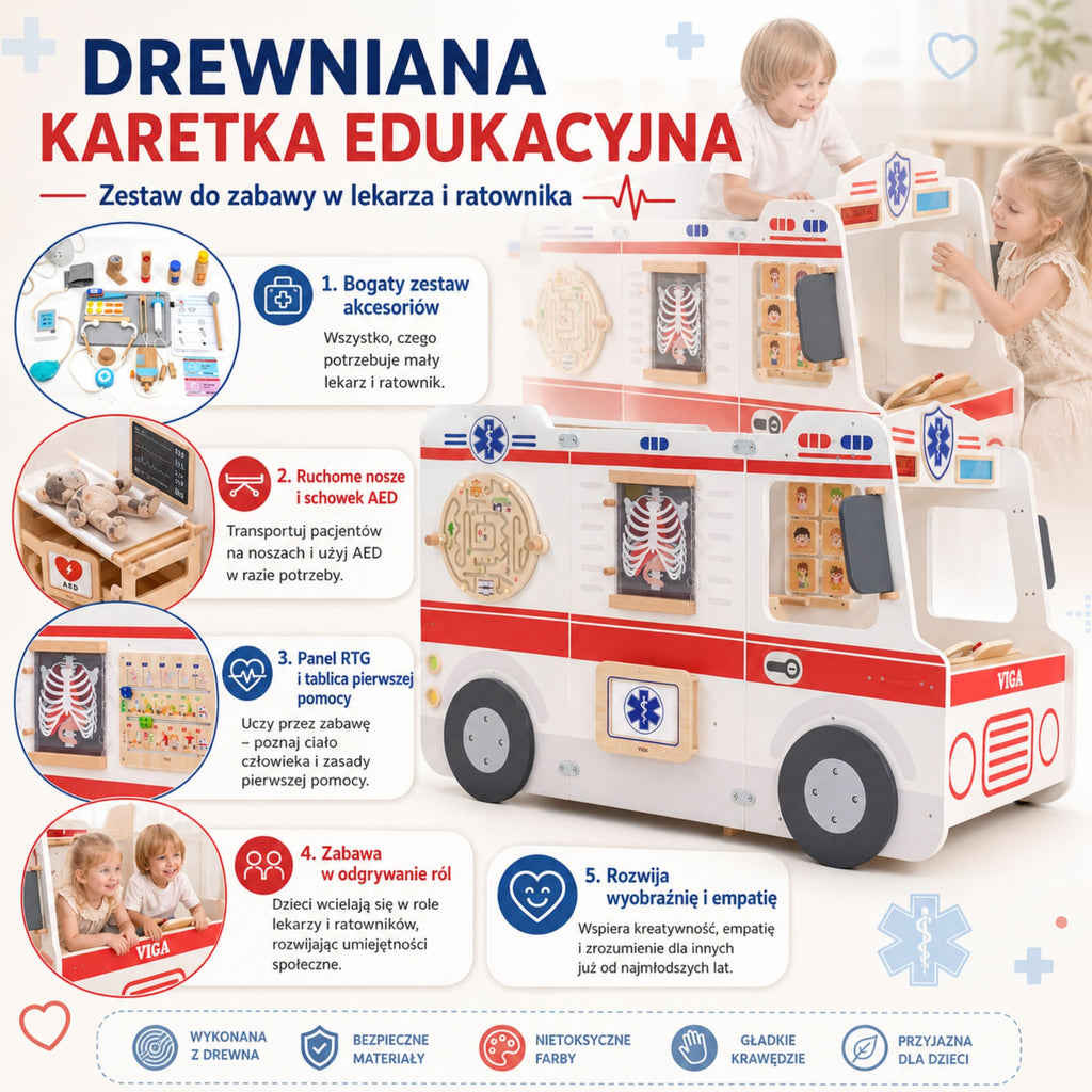 VIGA Duży Drewniany Ambulans Zestaw Karetka Małych Ratowników Akcesoria 25 el.