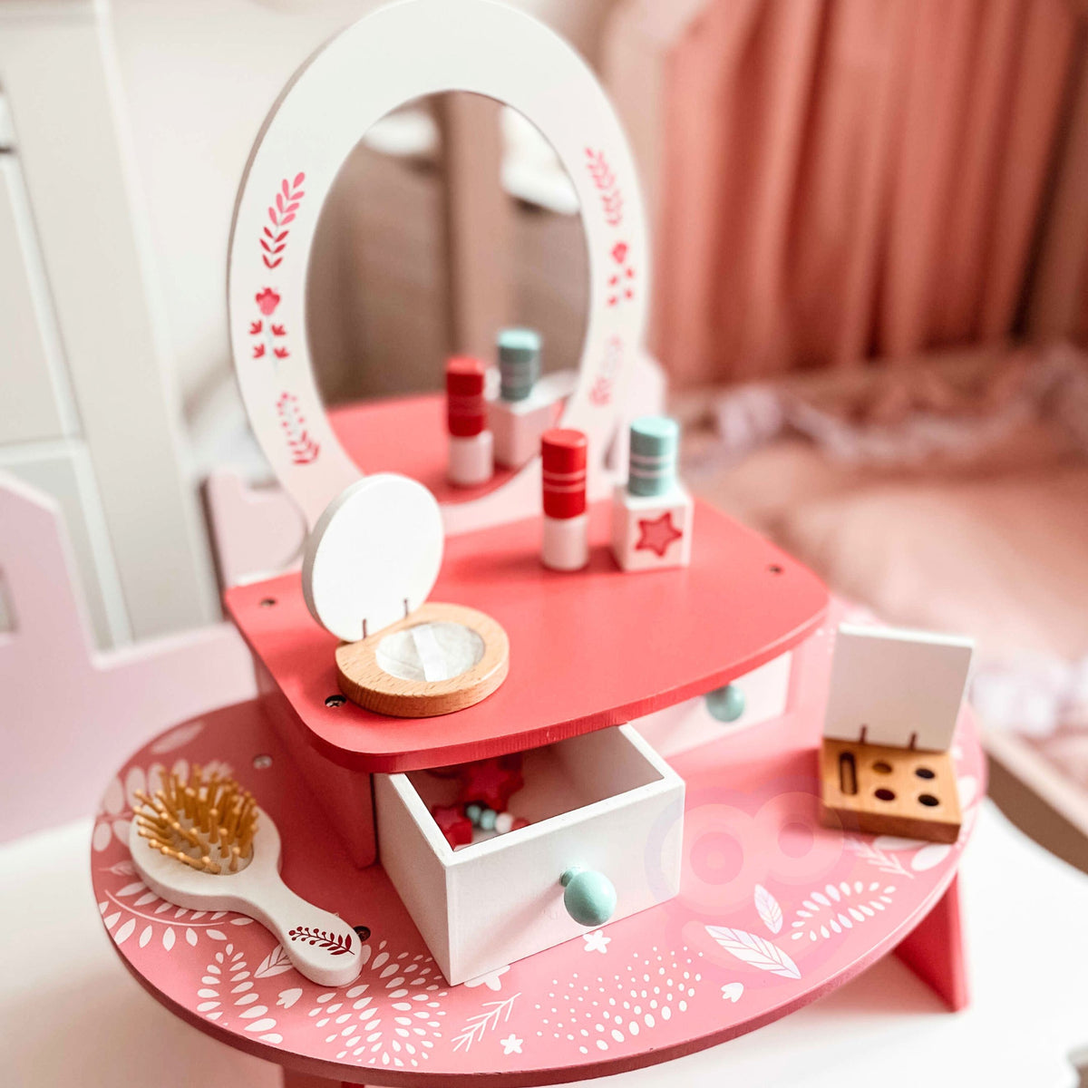 TOOKY TOY Różowa Toaletka Drewniana Do Makijażu z Lustrem