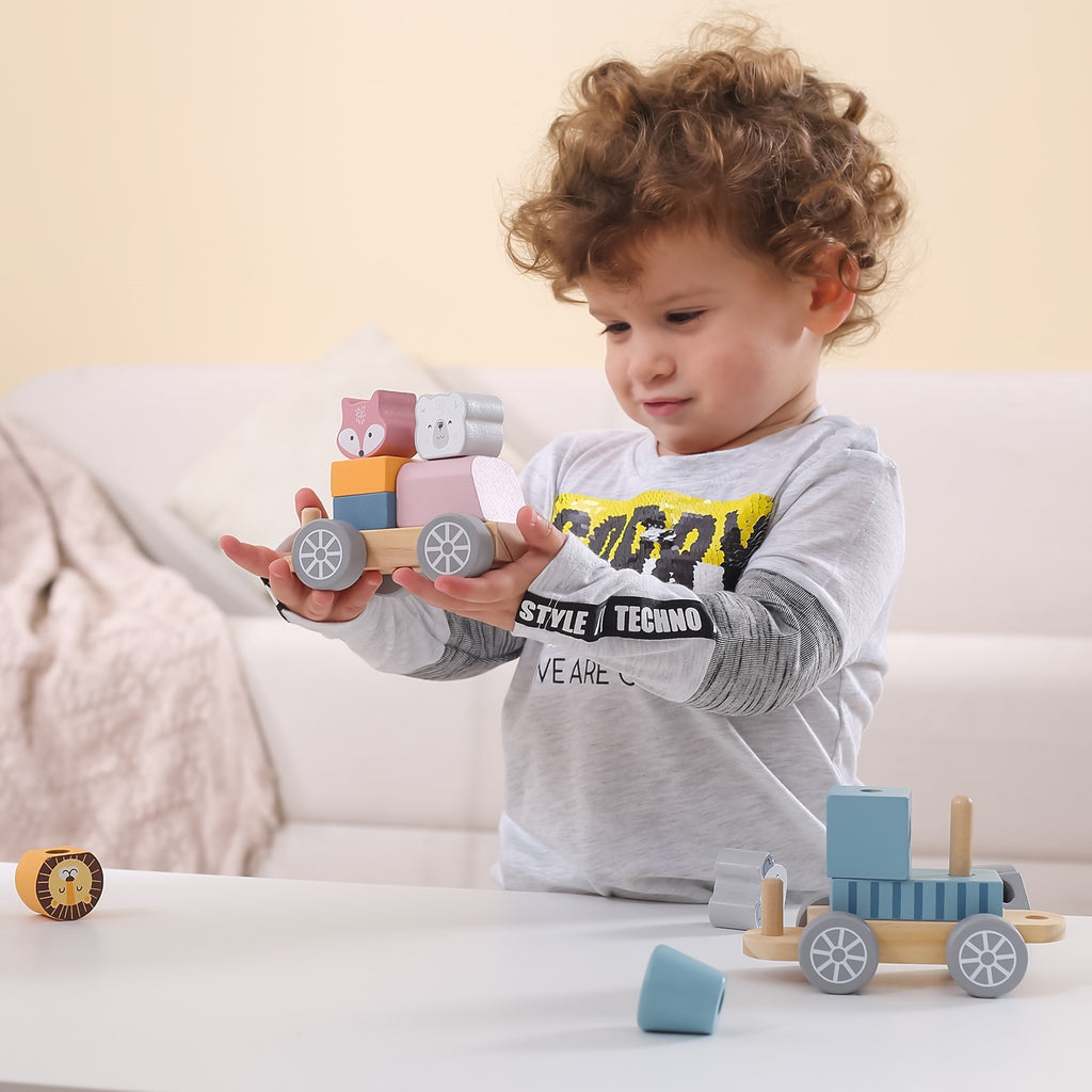 VIGA PolarB Drewniana Kolejka z Wagonikami i Zwierzątkami Do Układania Montessori