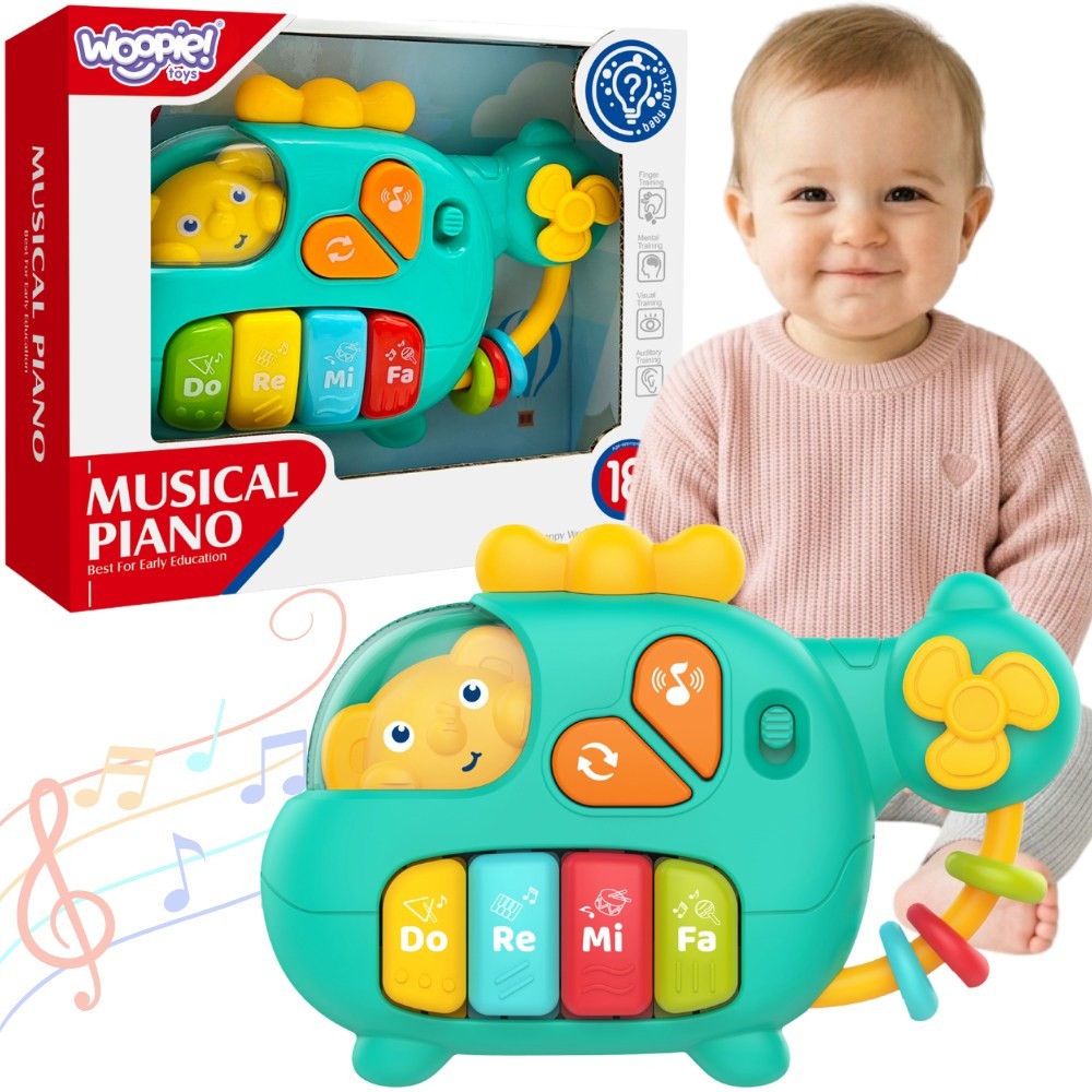WOOPIE BABY Pianinko Interaktywne Helikopter Słoń Muzyczne Dźwięki 18m+