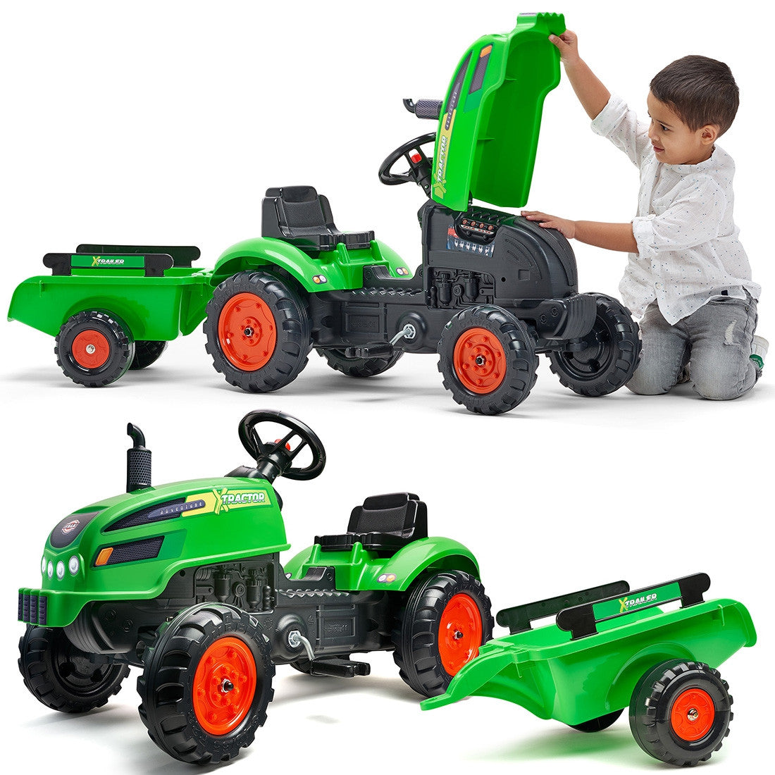 FALK Traktorek X Tractor Zielony z Przyczepką Klakson 2-5 Lat