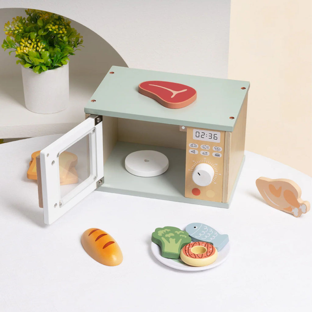 TOOKY TOY Drewniana Kuchenka Mikrofalowa Zestaw Produktów Spożywczych