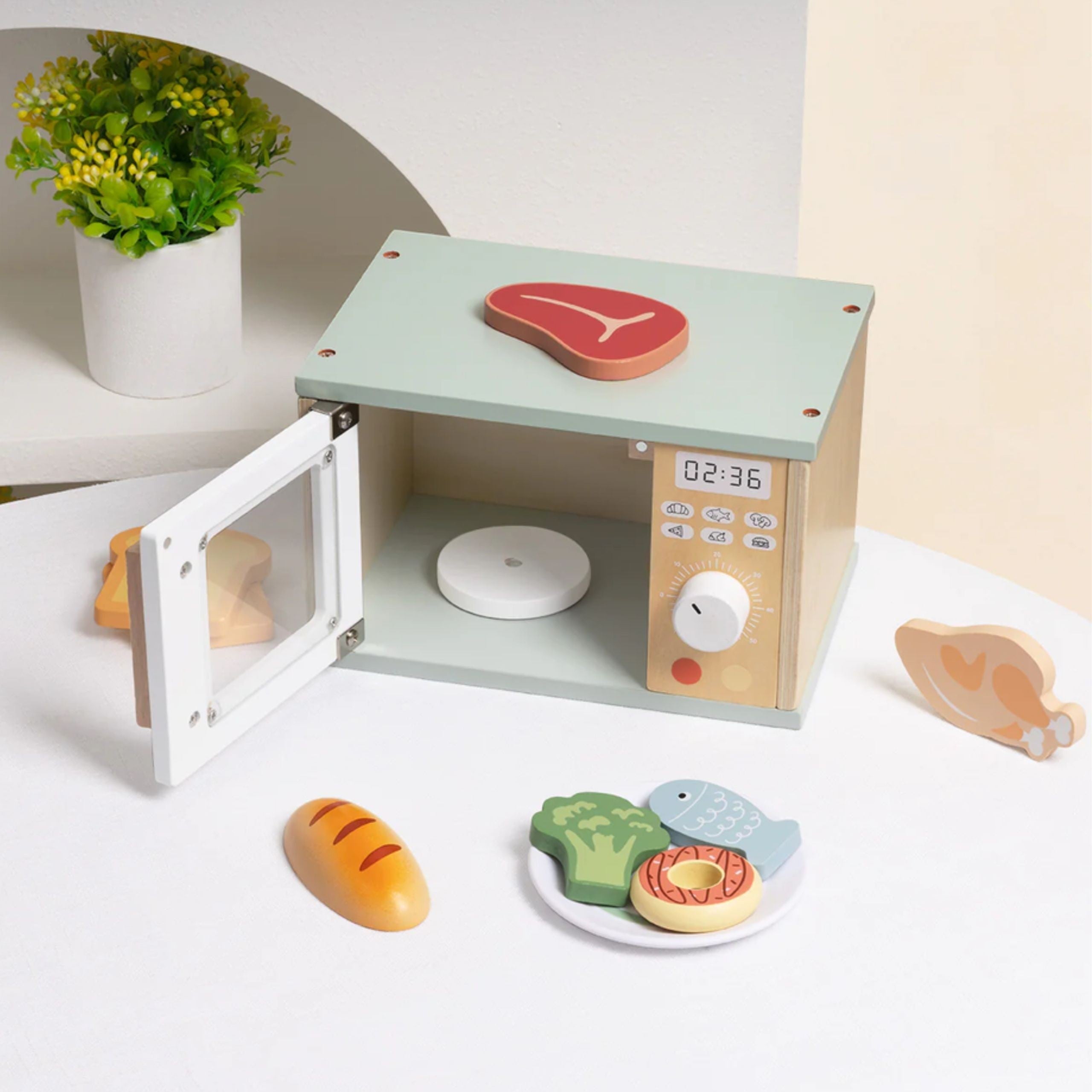 TOOKY TOY Drewniana Kuchenka Mikrofalowa Zestaw Produktów Spożywczych