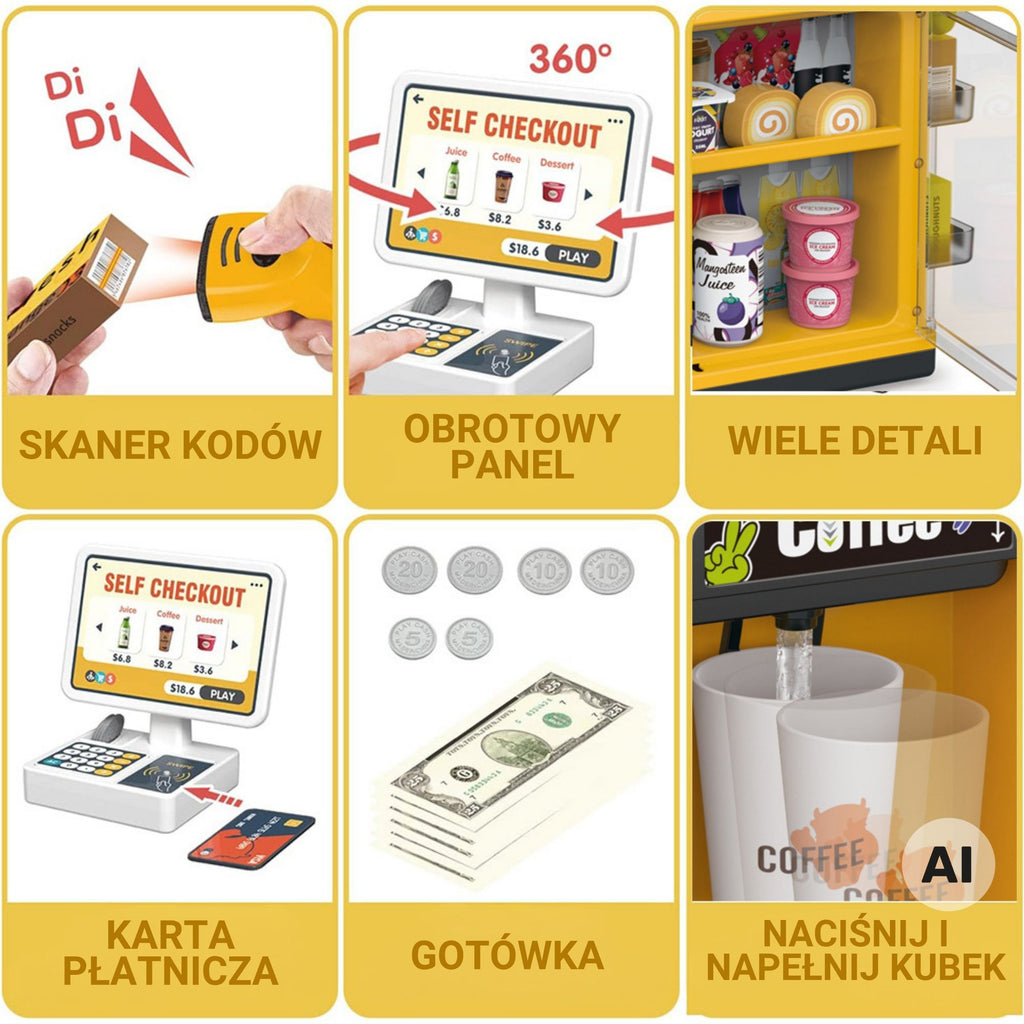 WOOPIE Sklep Mini Market Interaktywna Kasa Skaner Akcesoria Dźwięki Światło