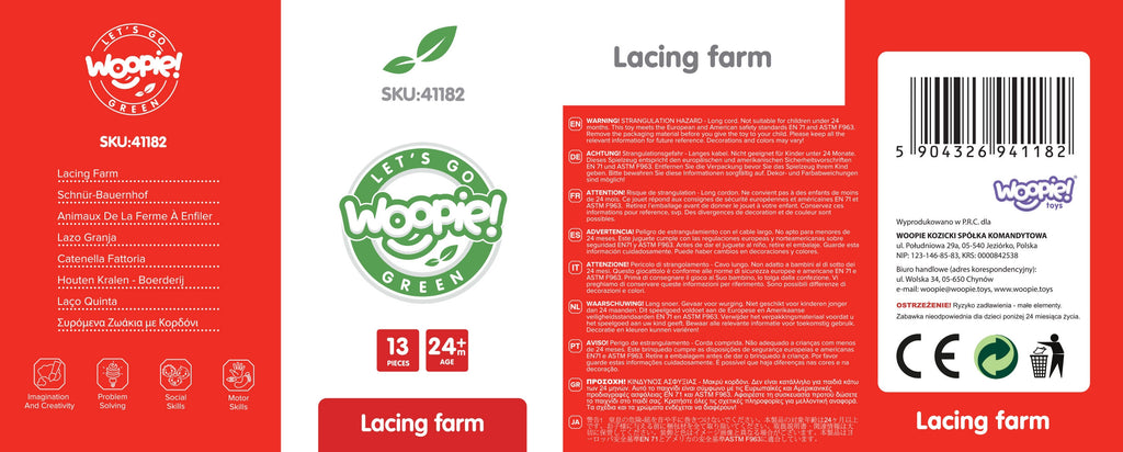WOOPIE GREEN Drewniane Klocki do Nawlekania Zwierzęta Farma 13 el.