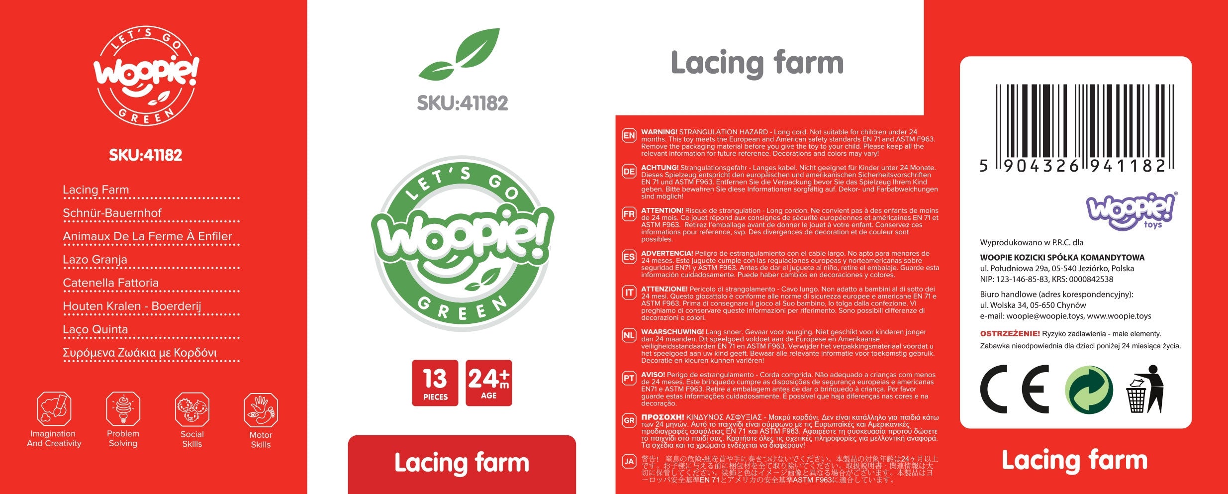 WOOPIE GREEN Drewniane Klocki do Nawlekania Zwierzęta Farma 13 el.