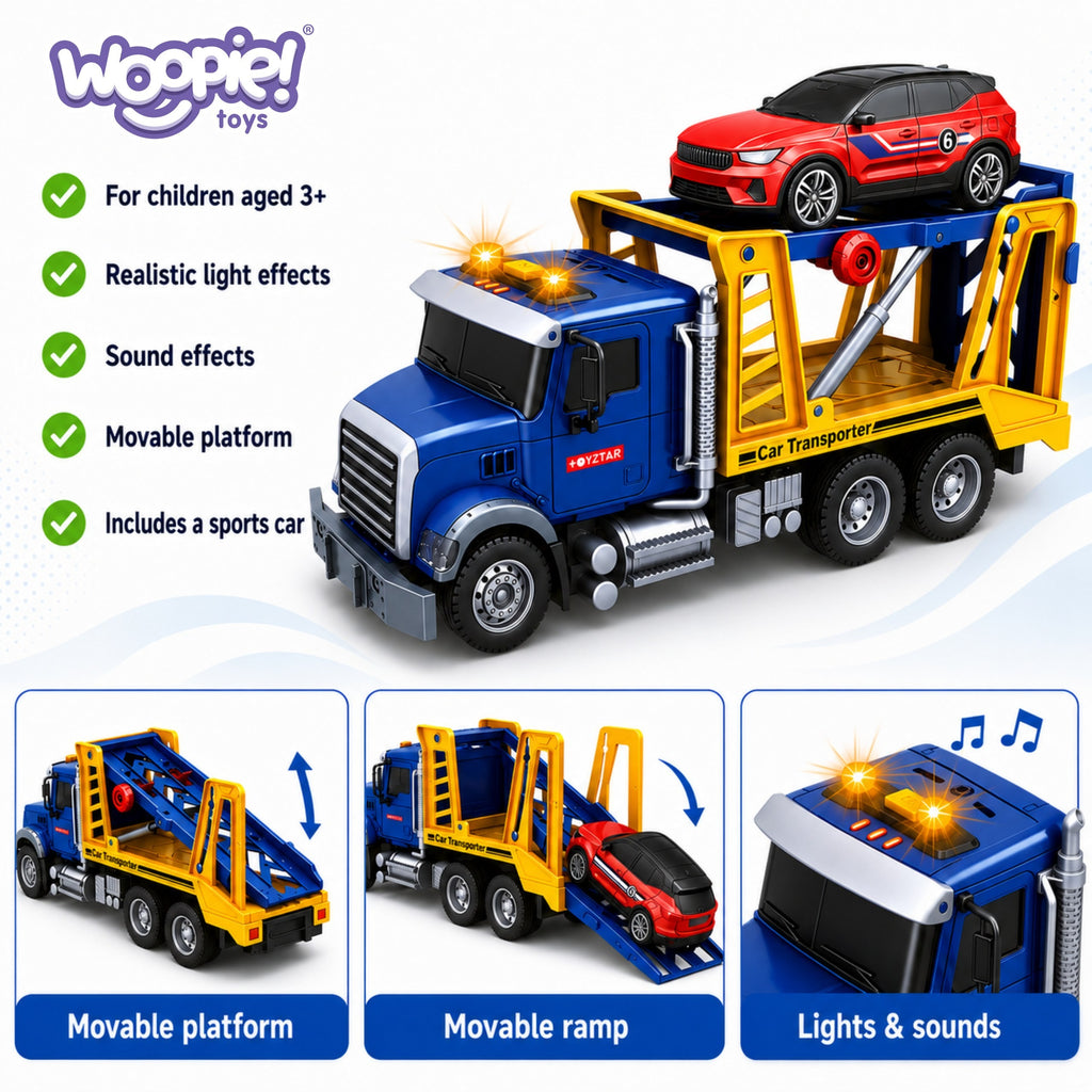 WOOPIE Laweta Ciężarówka Transporter Z Autkiem Światło Dźwięk Skala 1:14