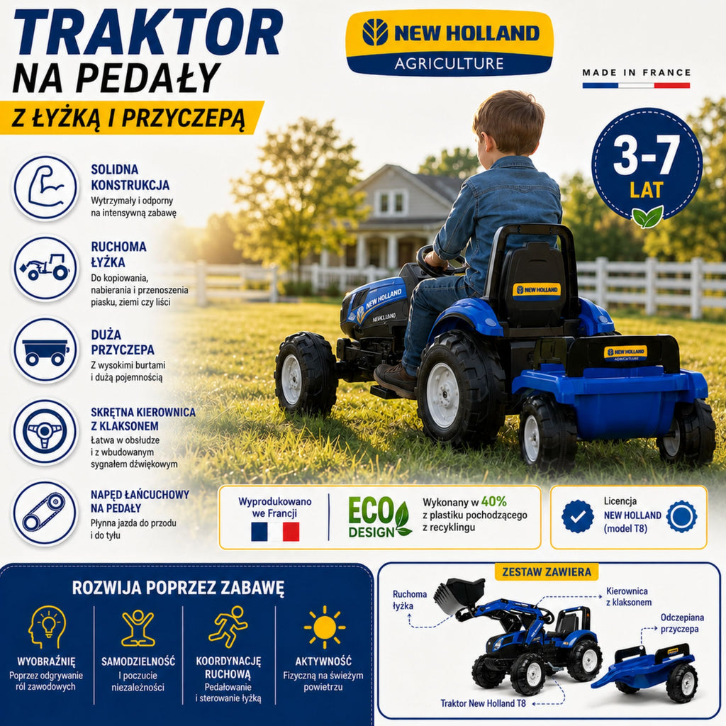 FALK Traktor na Pedały New Holland T8 z Łyżką i Przyczepą 3-7 lat