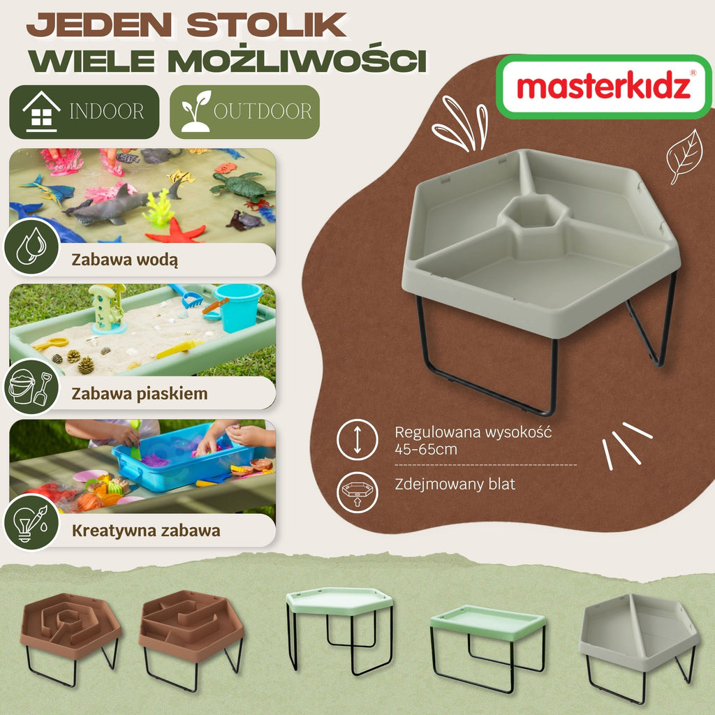MASTERKIDZ Sześciokątny Stolik Sensoryczny Do Zabawy Piaskiem i Wodą 3 Komory Regulowana Wysokość