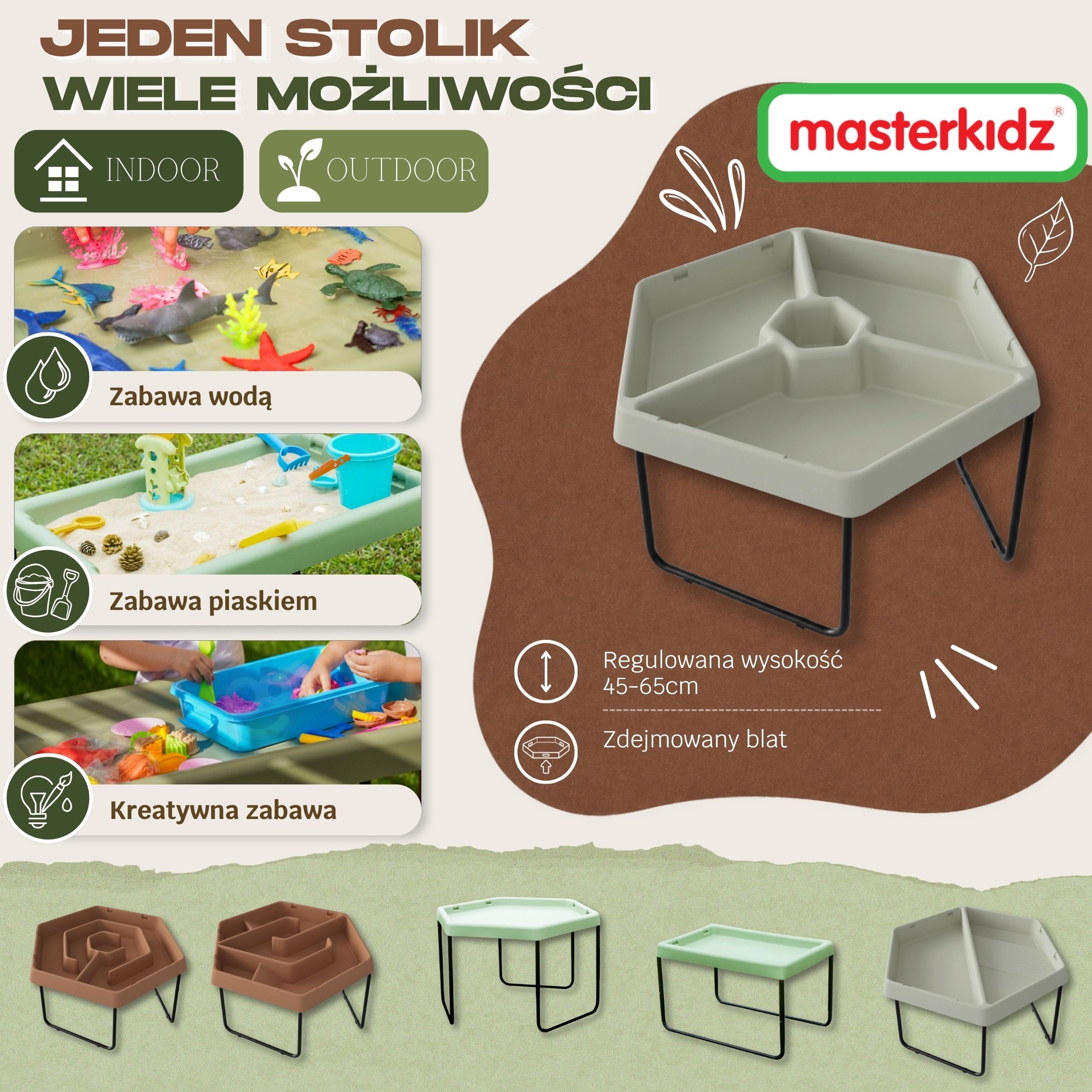 MASTERKIDZ Sześciokątny Stolik Sensoryczny Do Zabawy Piaskiem i Wodą 3 Komory Regulowana Wysokość
